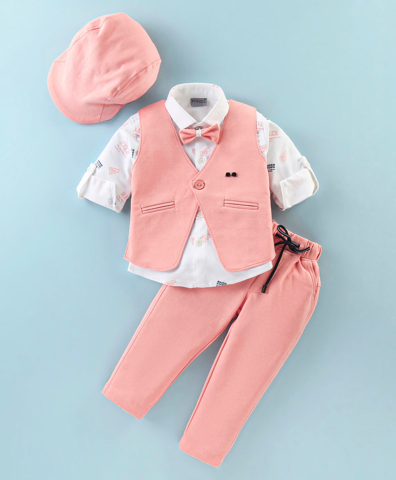 Dapper Dudes Woven Full Sleeves Solid Colour 3 Piece Party Suit with Cap & Bow - Peach-picture-30