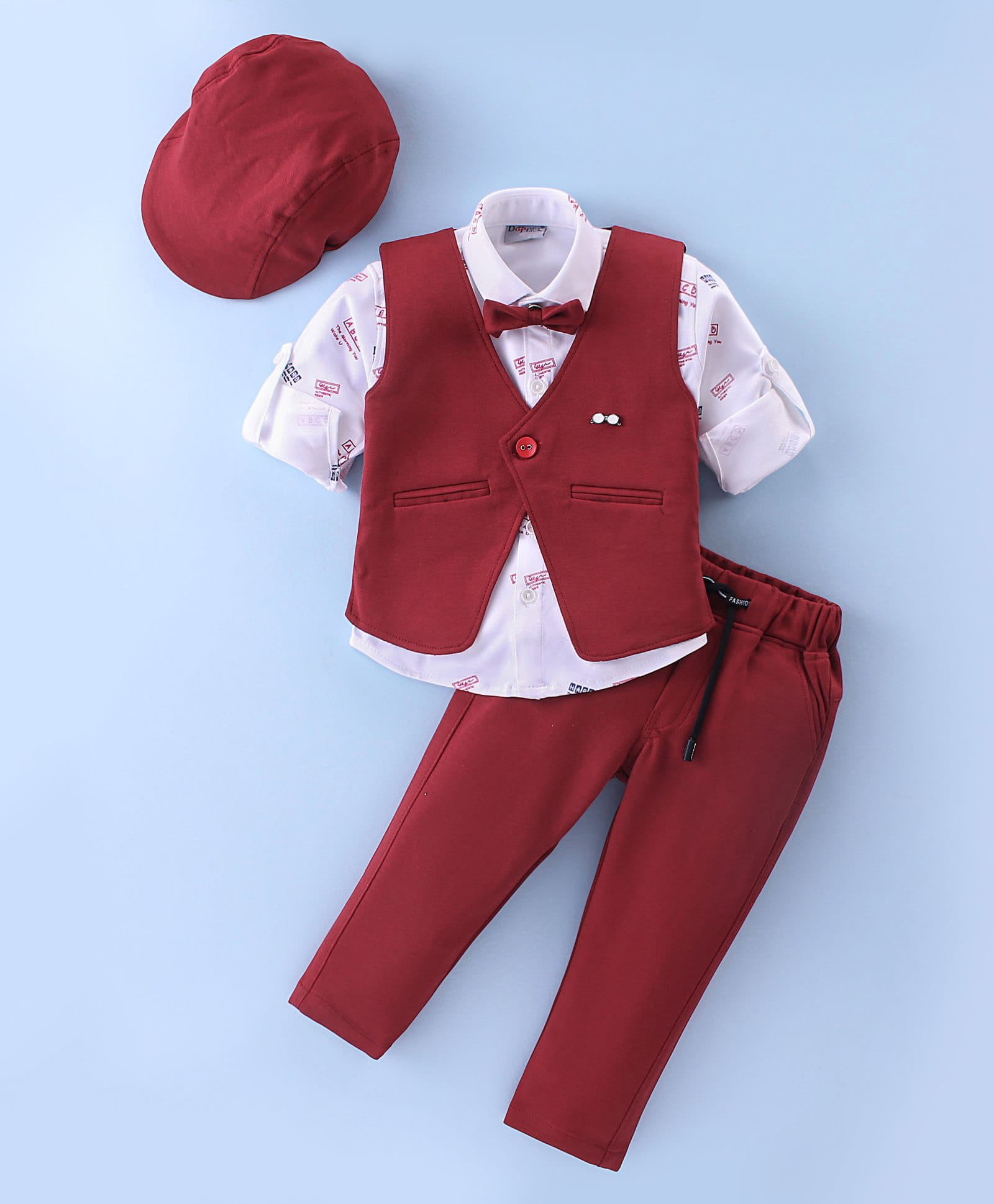 Dapper Dudes Woven Full Sleeves Striped 3 Piece Party Suit with Cap & Bow - Maroon-picture-29