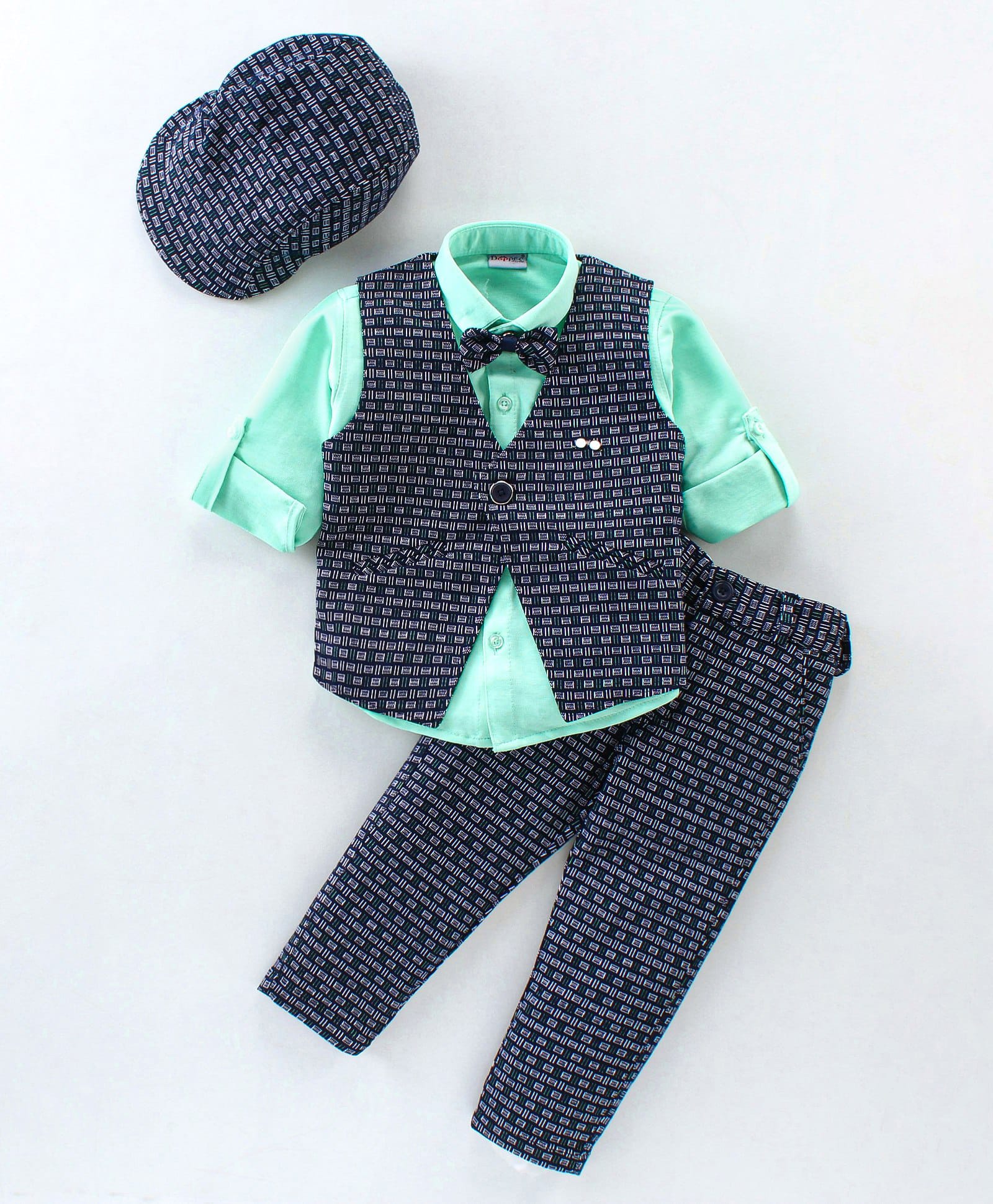 Dapper Dudes Woven Full Sleeves Checked Three Piece Party Suit With Bow & Cap - Navy Blue-picture-21