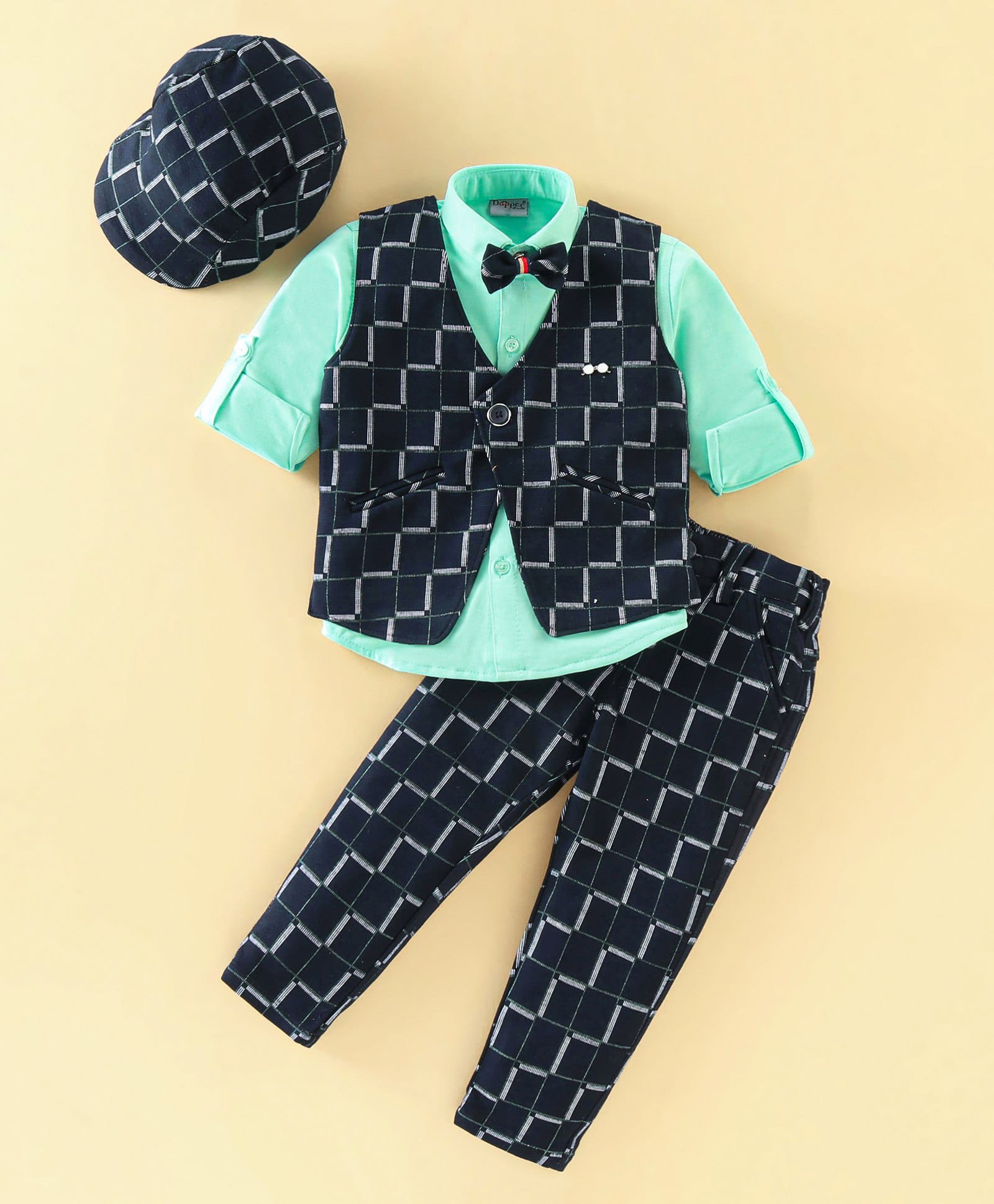 Dapper Dudes Woven Full Sleeves Checked Three Piece Party Suit With Bow & Cap - Navy Blue & Sea Green-picture-31