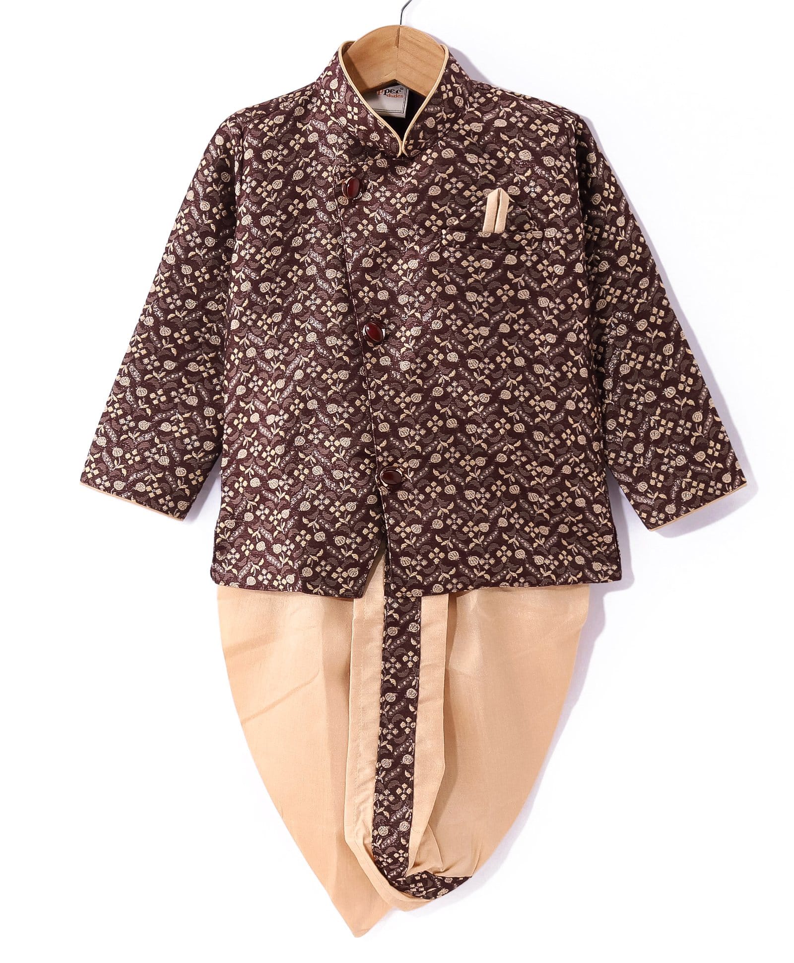 Dapper Dudes Cotton Silk Woven Full Sleeves Floral Ethnic Printed Kurta & Dhoti Set - Maroon-image-32