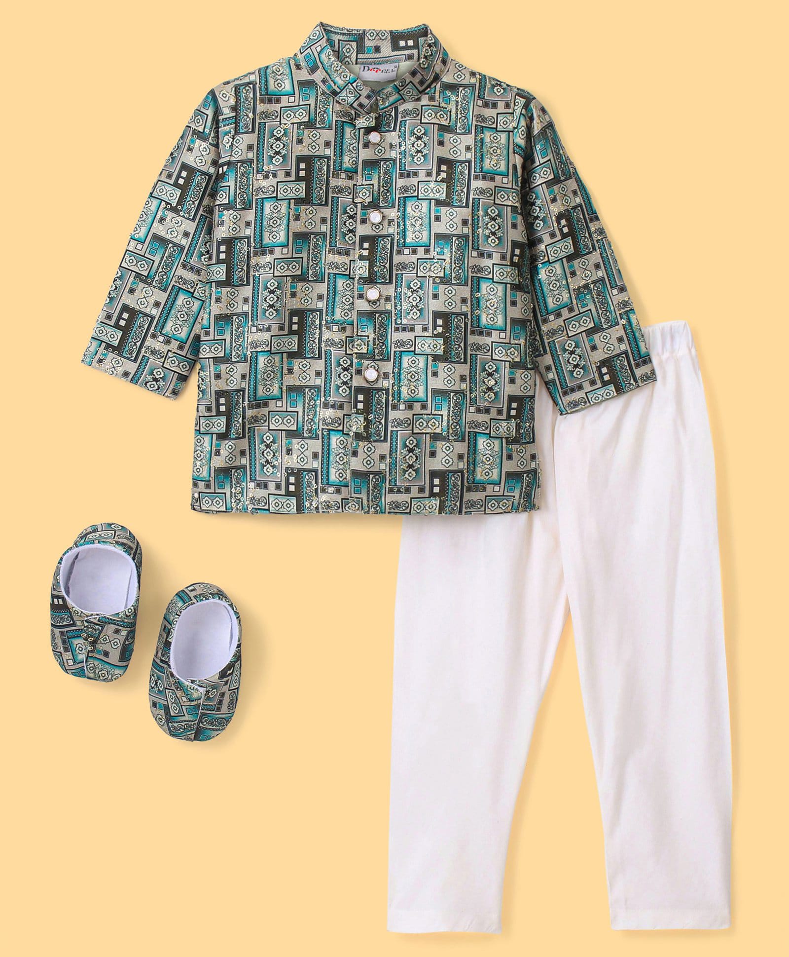 Dapper Dudes Cotton Silk Woven Full Sleeves Printed Kurta & Pyjama Set With Booties - Green-image-27