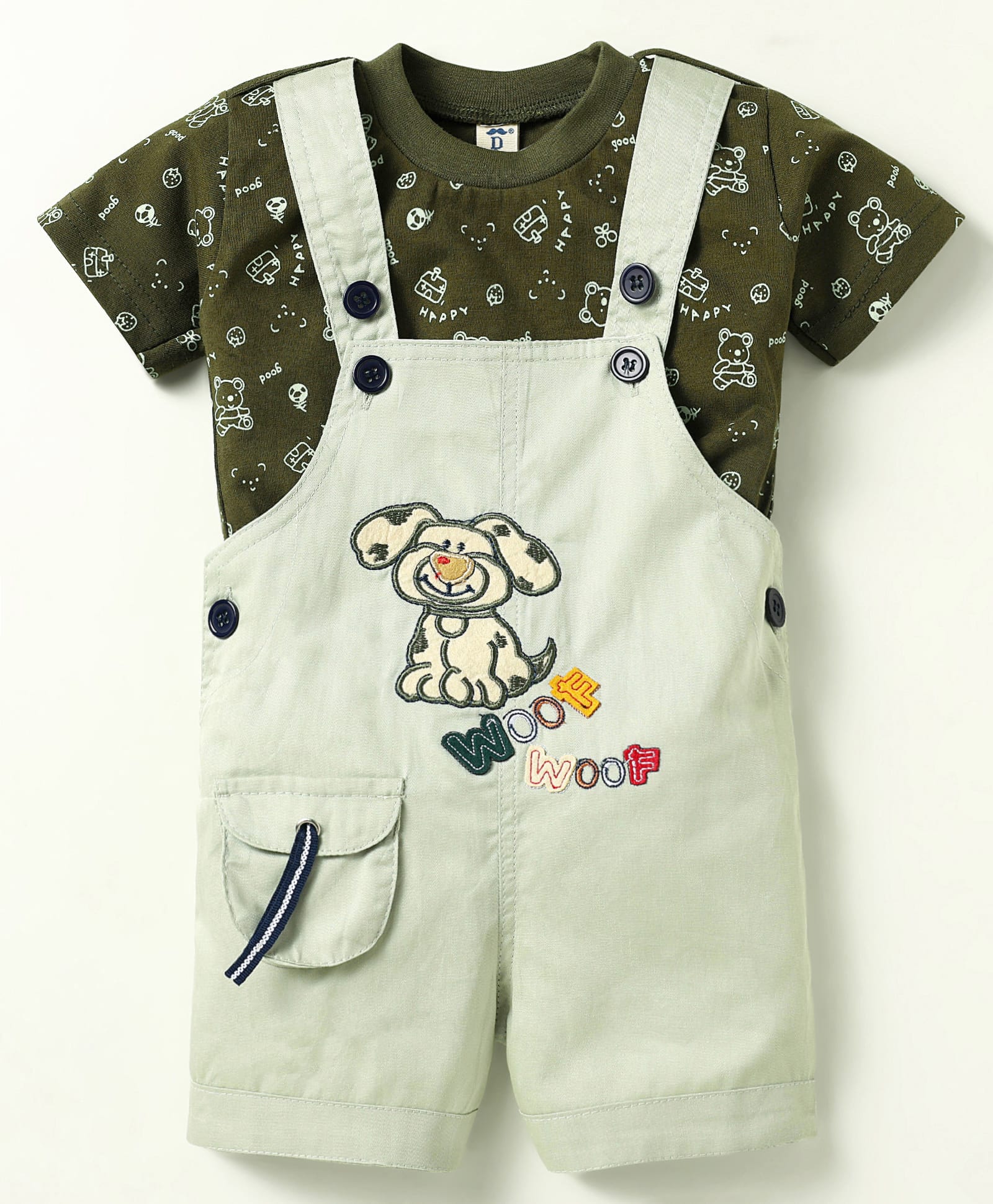 Dapper Dudes Woven Half Sleeves Puppy Embroidered Dungaree Set With Inner Tee - Light Green-image-15