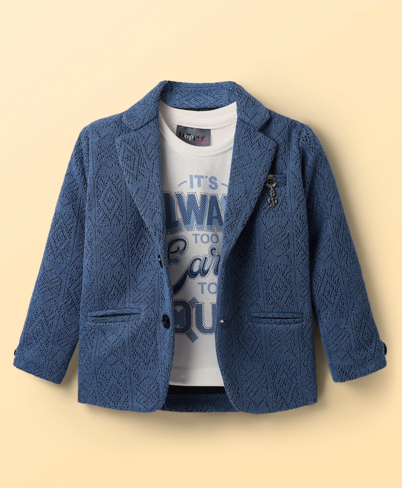 Dapper Dudes Woven Full Sleeves Solid Colour Blazer With Printed T-Shirt - Dark Blue-image-3
