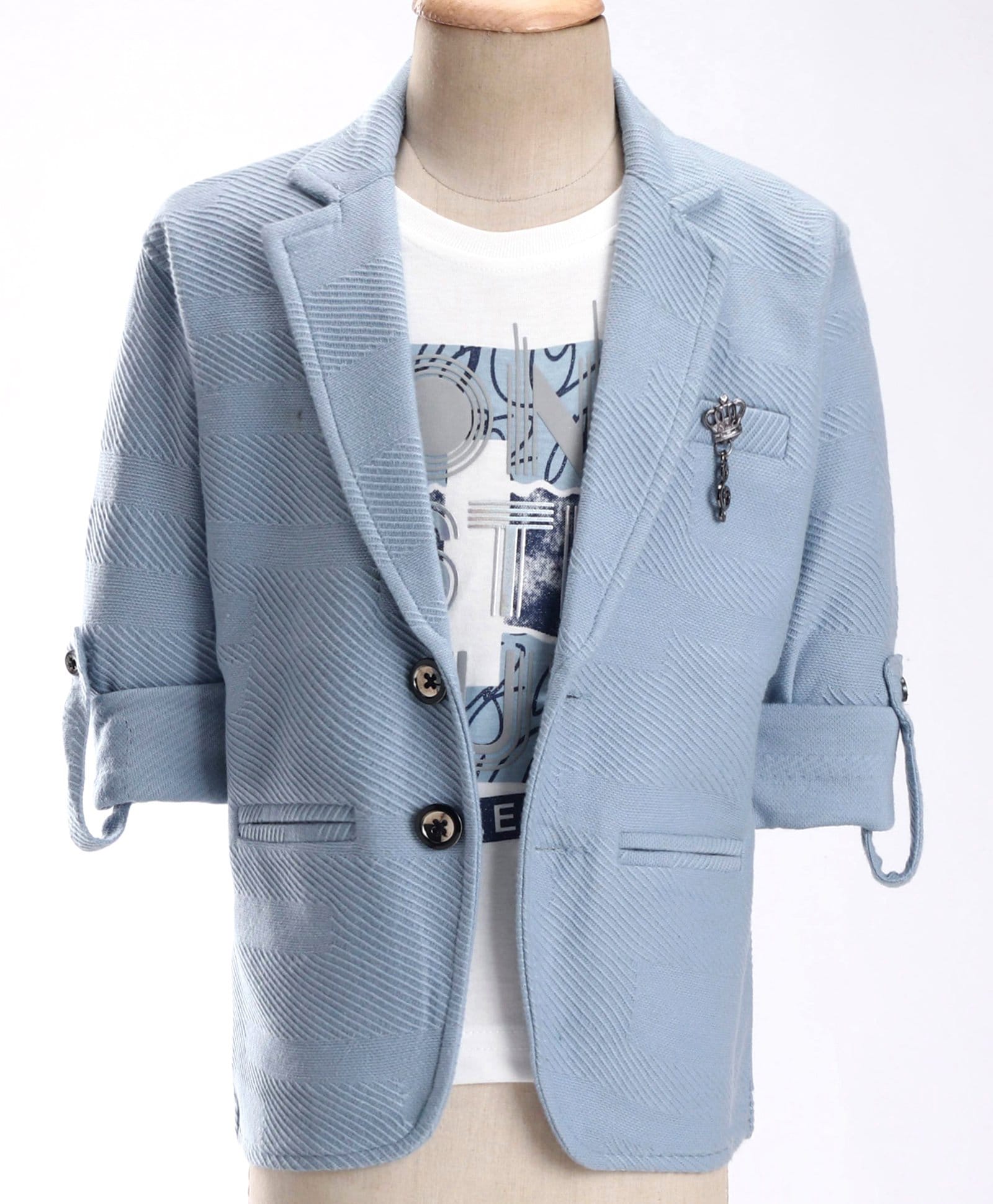 Dapper Dudes Woven Full Sleeves Solid Colour Blazer With Text Printed T-Shirt - Sky-picture-23