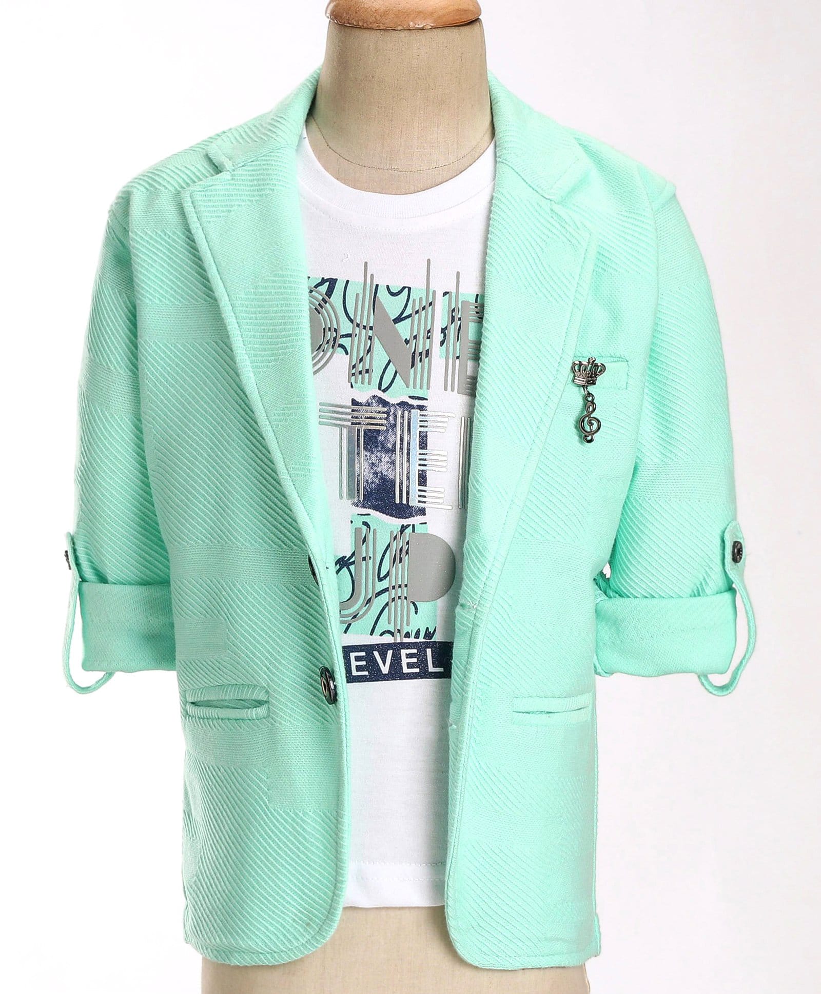 Dapper Dudes Woven Full Sleeves Solid Colour Blazer With Text Printed T-Shirt - Sea Green-picture-17
