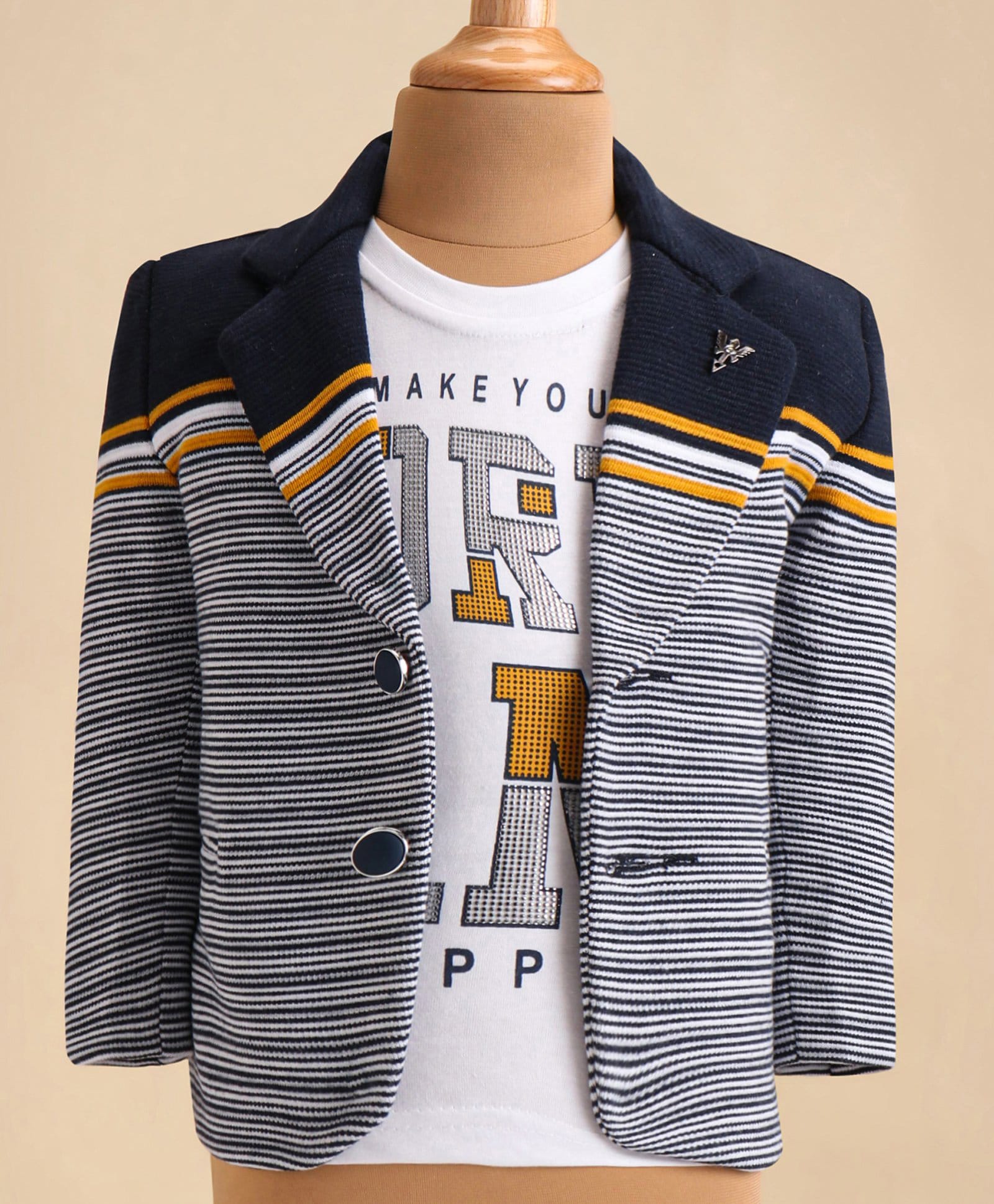Dapper Dudes Woven Full Sleeves Striped Blazer With Printed T-Shirt - Navy-picture-25