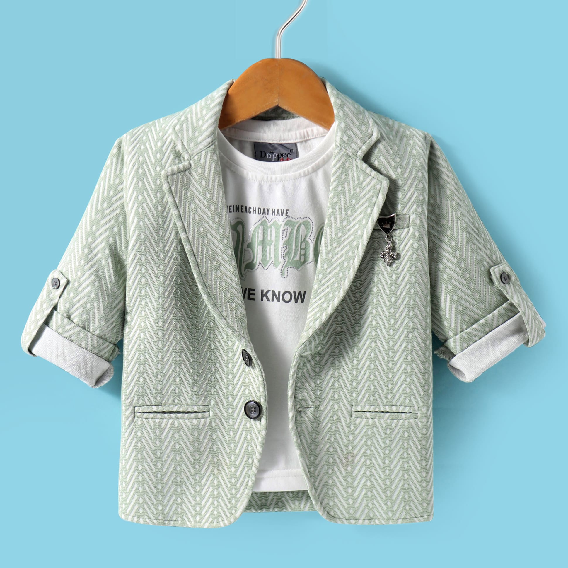 Dapper Dudes Woven Full Sleeves Printed Blazer With Text Printed T-Shirt - Light Green-picture-37