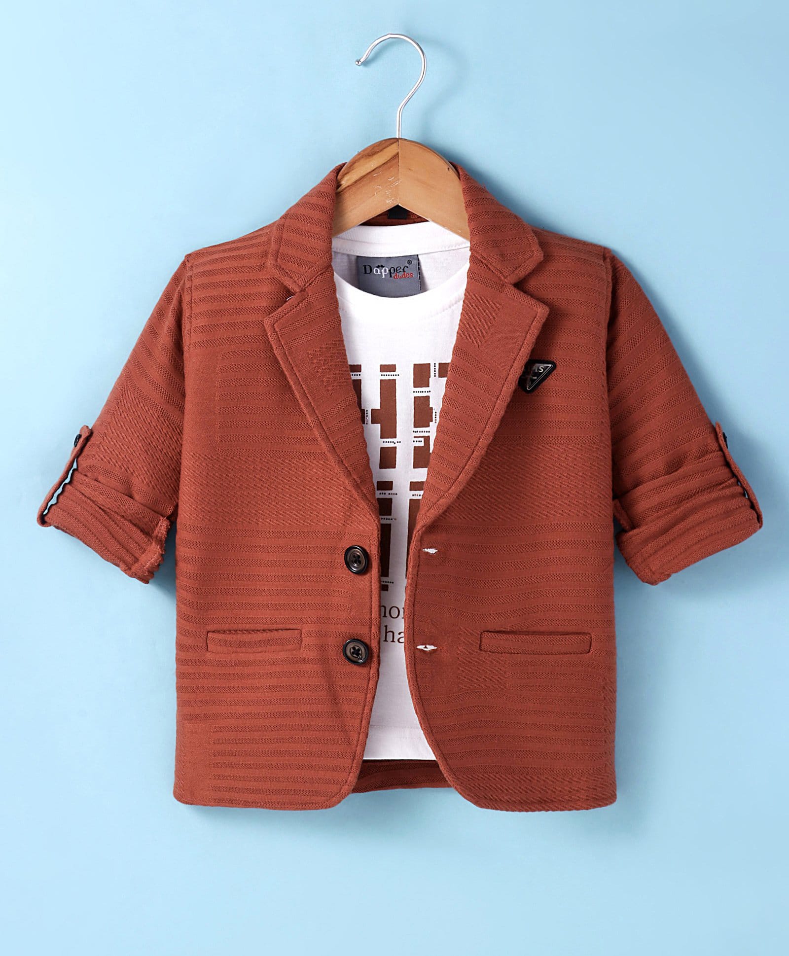 Dapper Dudes Woven Full Sleeves Self Striped Blazer With Printed T-Shirt - Brown-picture-25