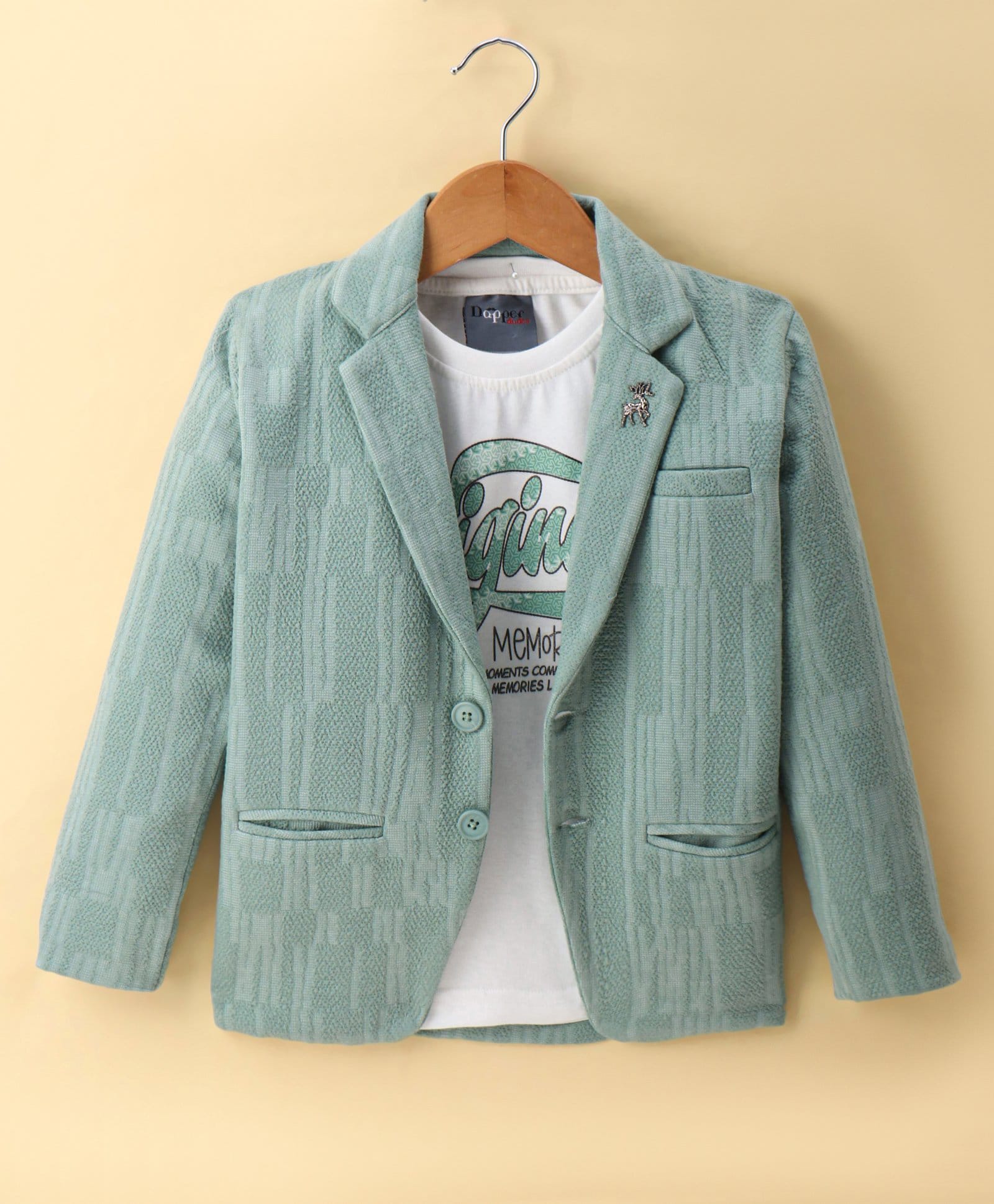 Dapper Dudes Woven Full Sleeves Self Designed Blazer With Printed T-Shirt - Light Green-image-29