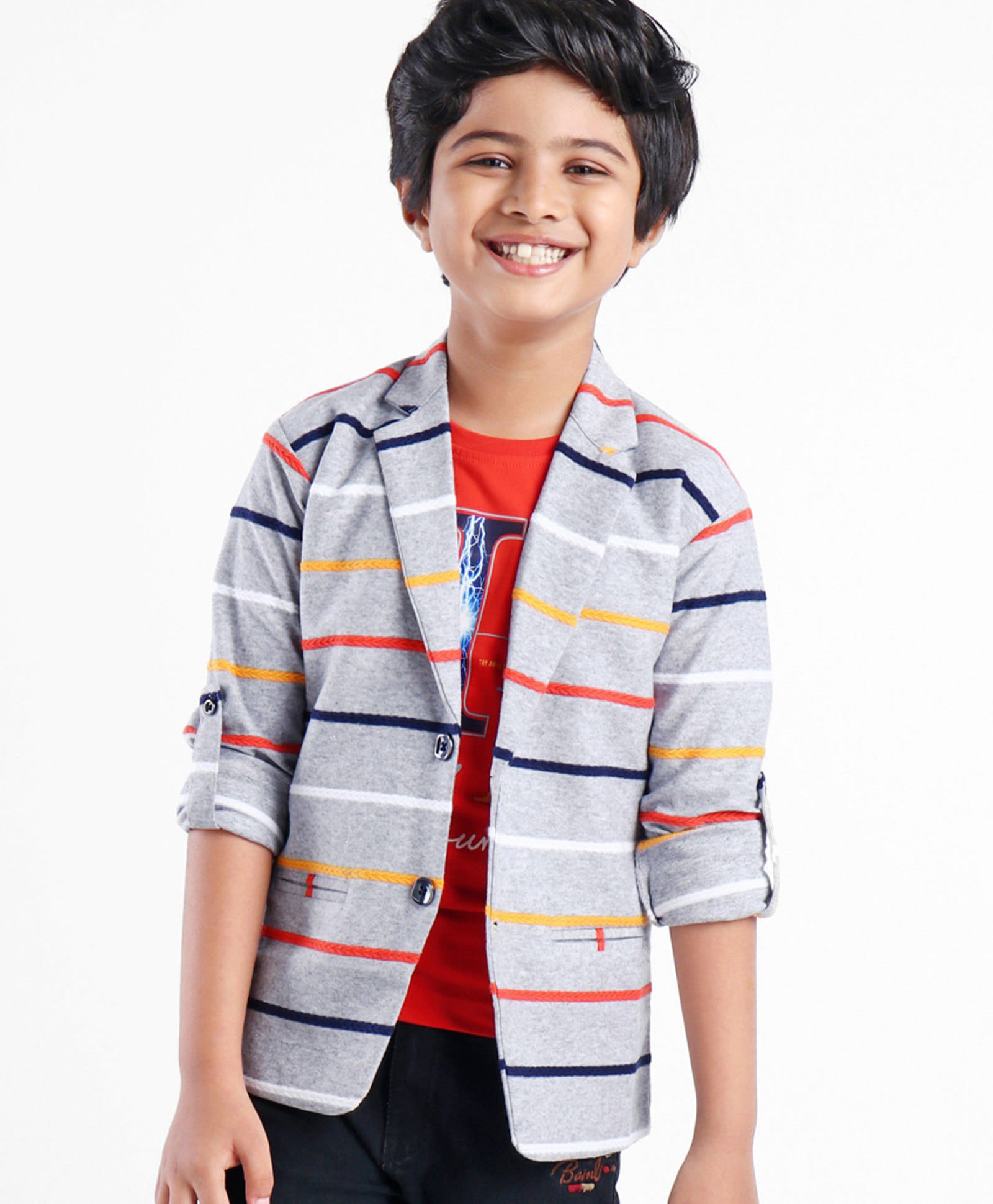 Dapper Dudes Woven Full Sleeves Striped Blazer With Text Printed T-Shirt - Grey-picture-33