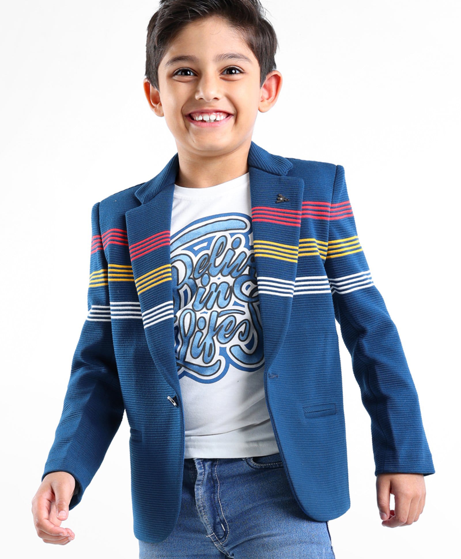 Dapper Dudes Woven Full Sleeves Striped Blazer With Text Printed T-Shirt - Blue-image-35