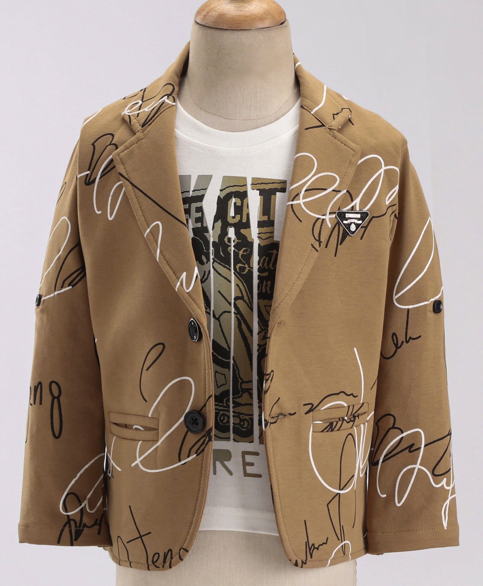 Dapper Dudes Woven Full Sleeves Printed Blazer With Text Printed T-Shirt - Khaki-picture-15