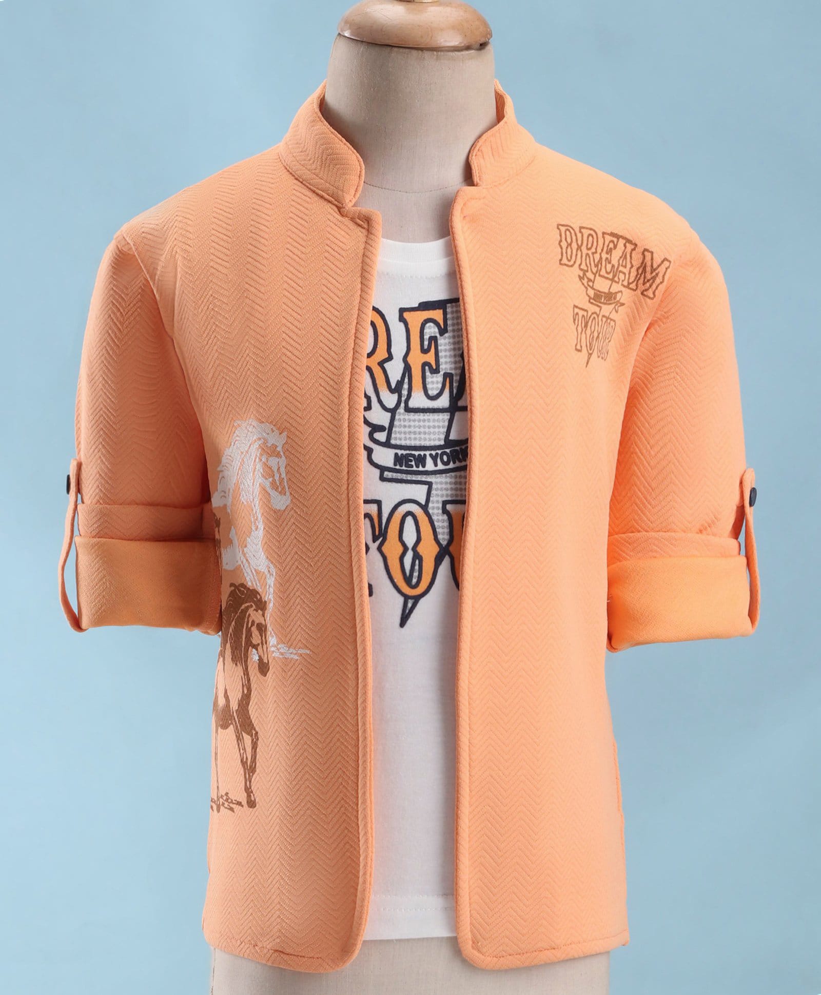 Dapper Dudes Woven Full Sleeves Horse Printed Jacket With Text Printed T-Shirt - Orange-image-43