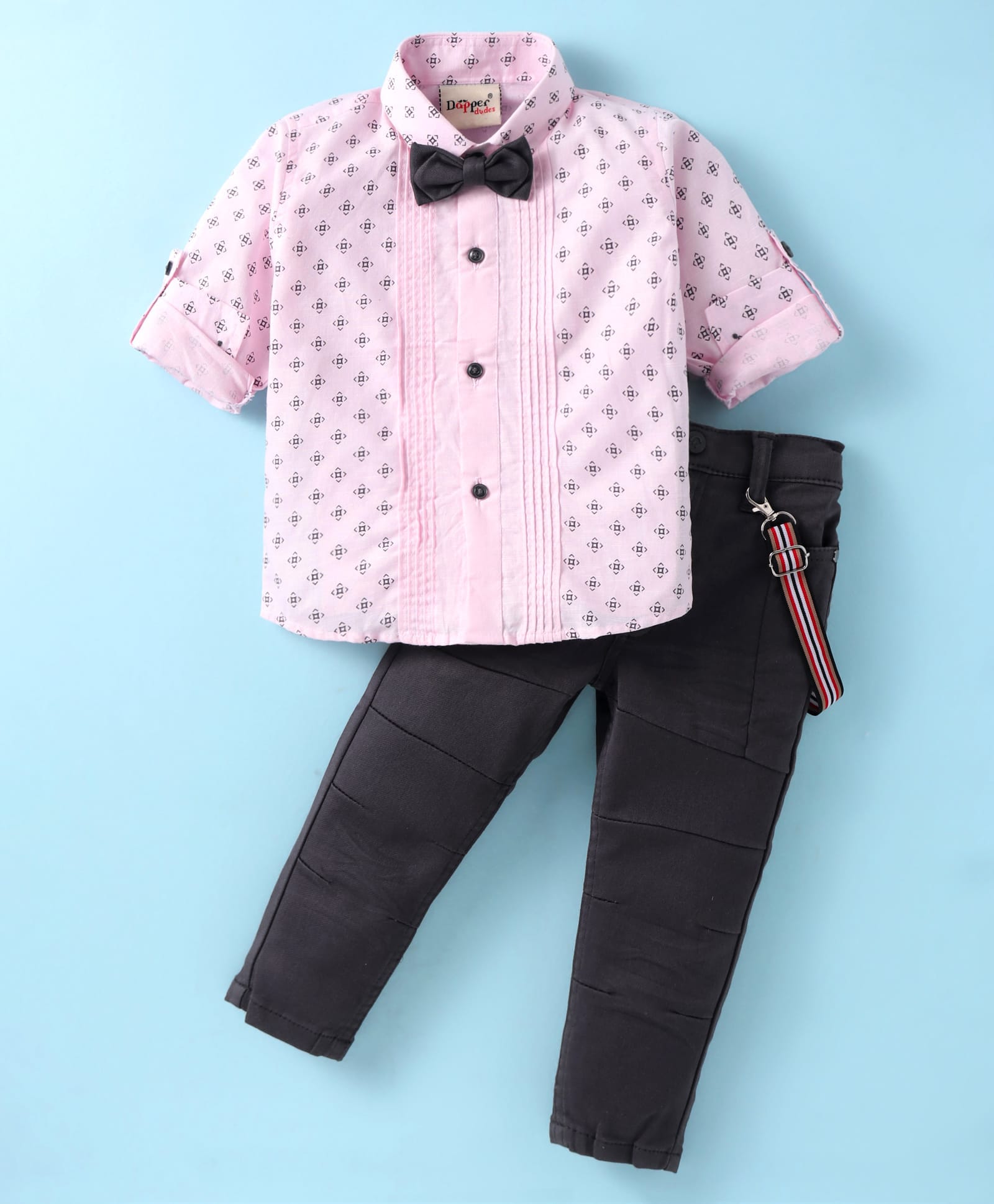 Dapper Dudes Woven Full Sleeves Floral Printed Shirt & Pant Set With Bow & Suspender - Pink-image-35