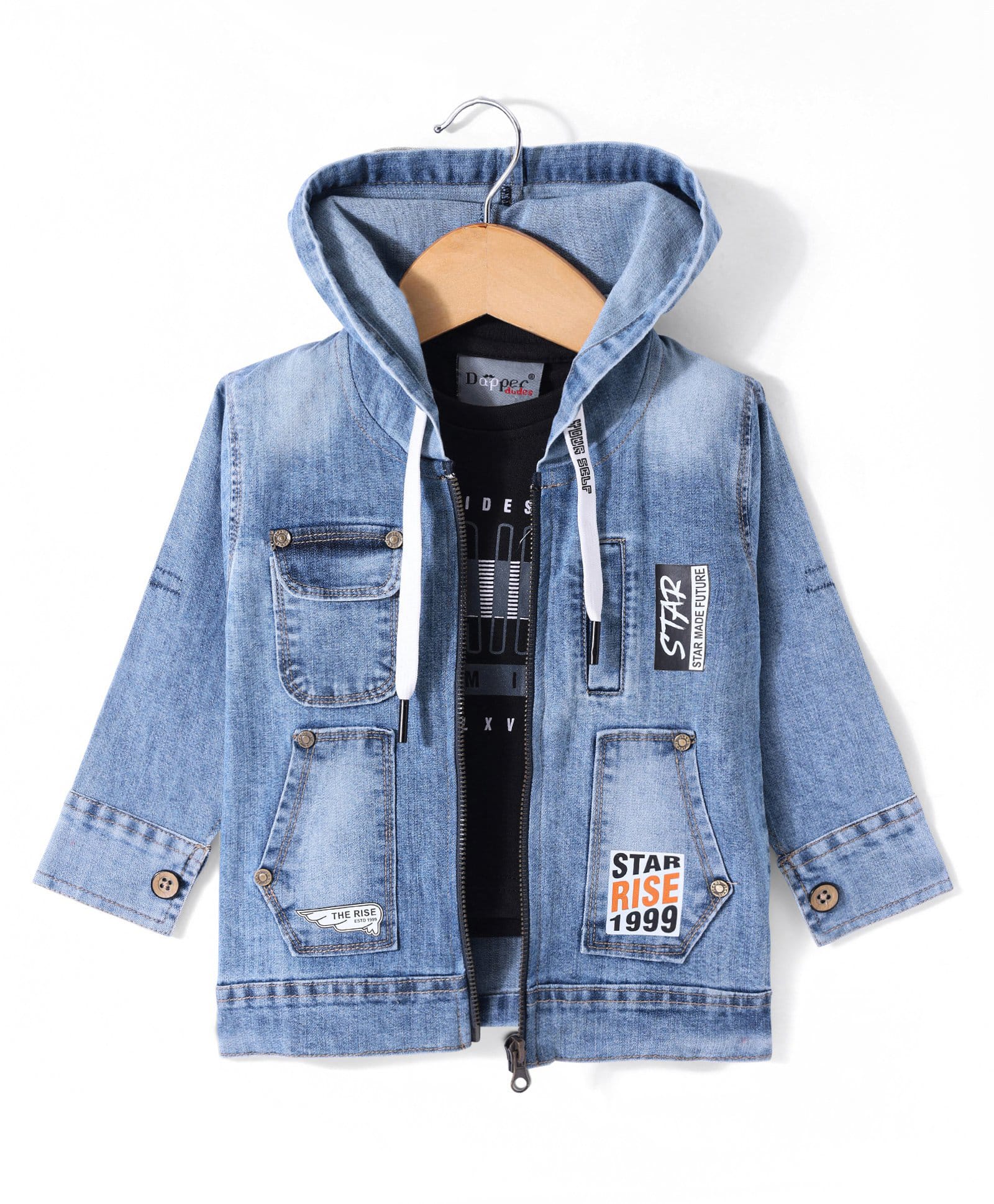 Dapper Dudes Woven Full Sleeves Text Printed Denim Hooded Jacket With Tee - Blue-image-45