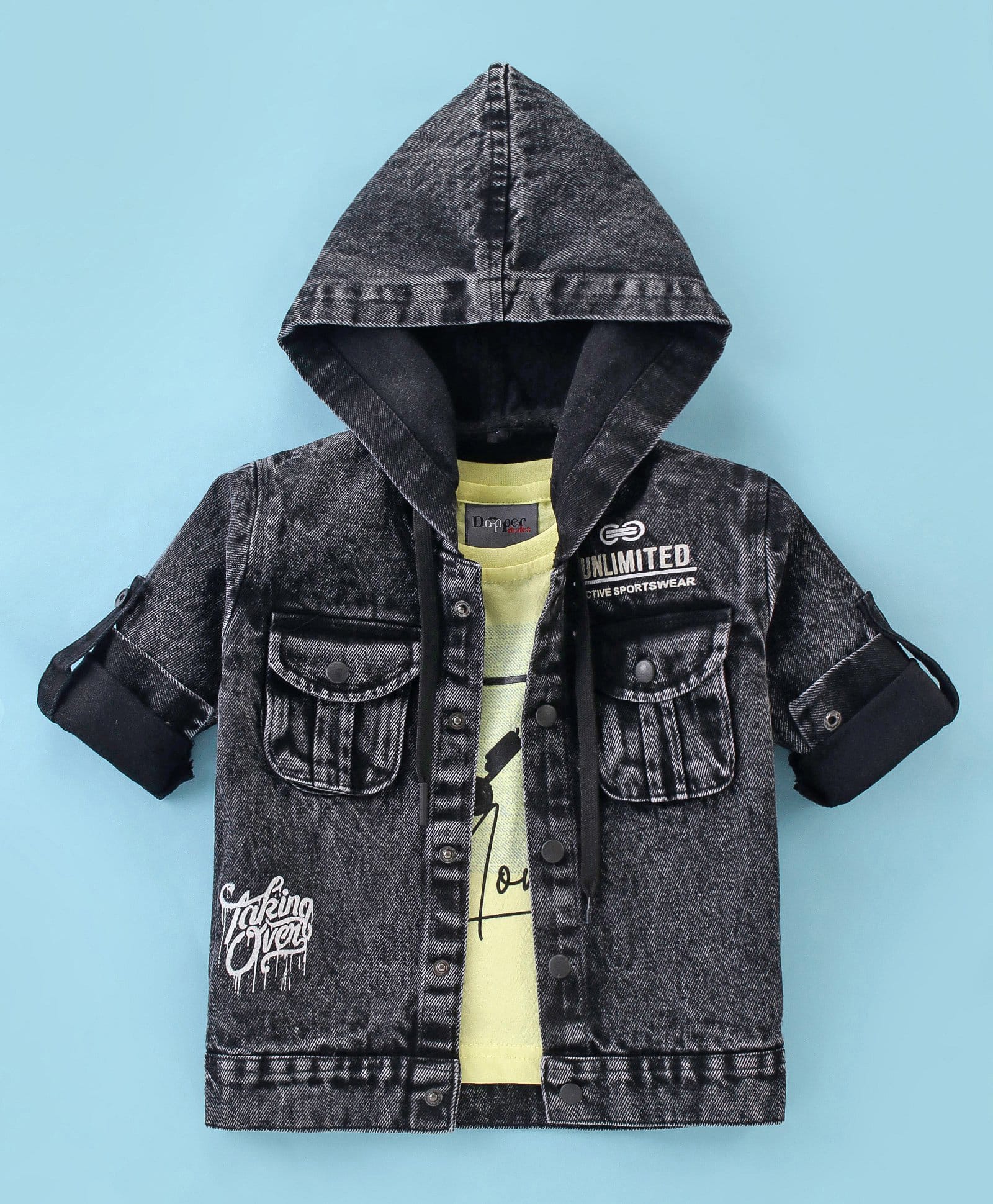 Dapper Dudes Denim Woven Full Sleeves Hooded Jacket & T-Shirt with Taking Over Print - Black-image-41