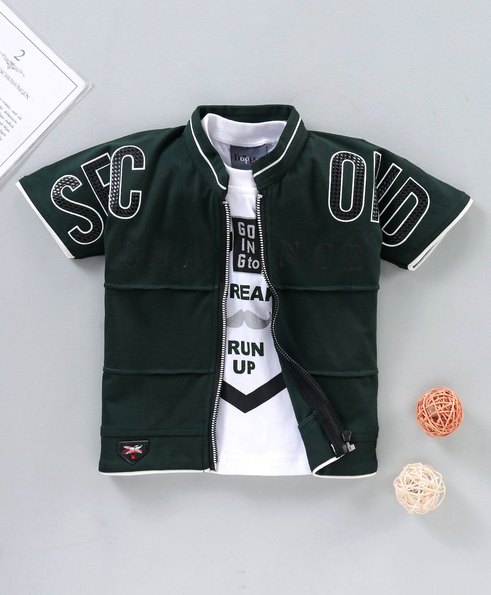 Dapper Dudes Woven Half Sleeves Text Embossed Jacket With Printed T-Shirt - Dark Green-picture-20