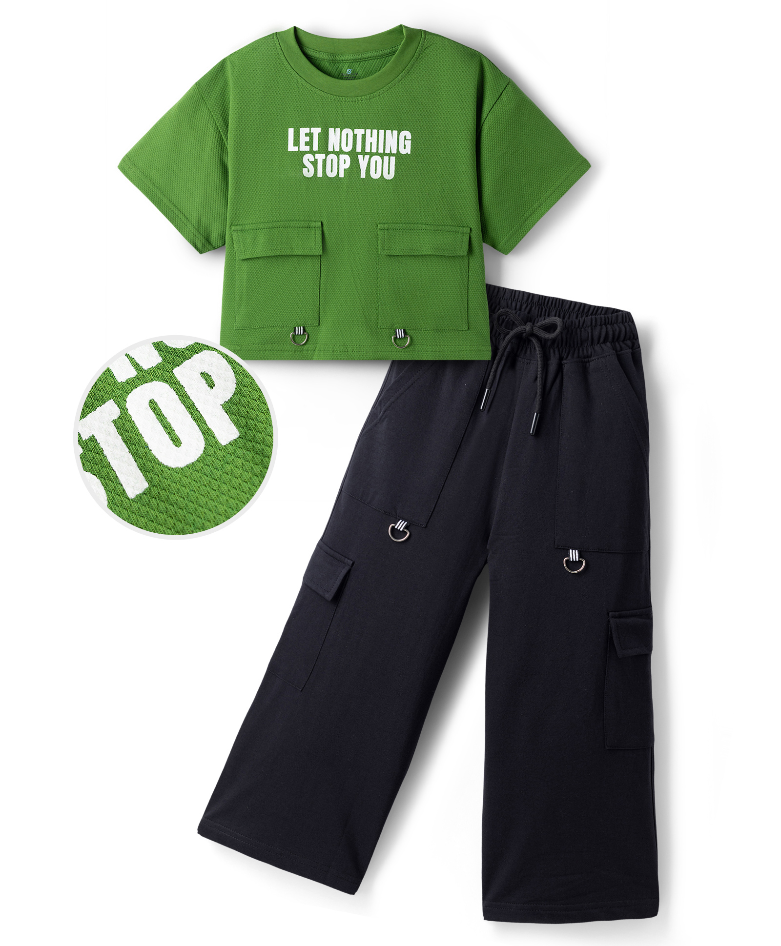 OLLINGTON ST. Cotton Knit Half Sleeves Top With Text Print & Culottes - Green & Black-image-8