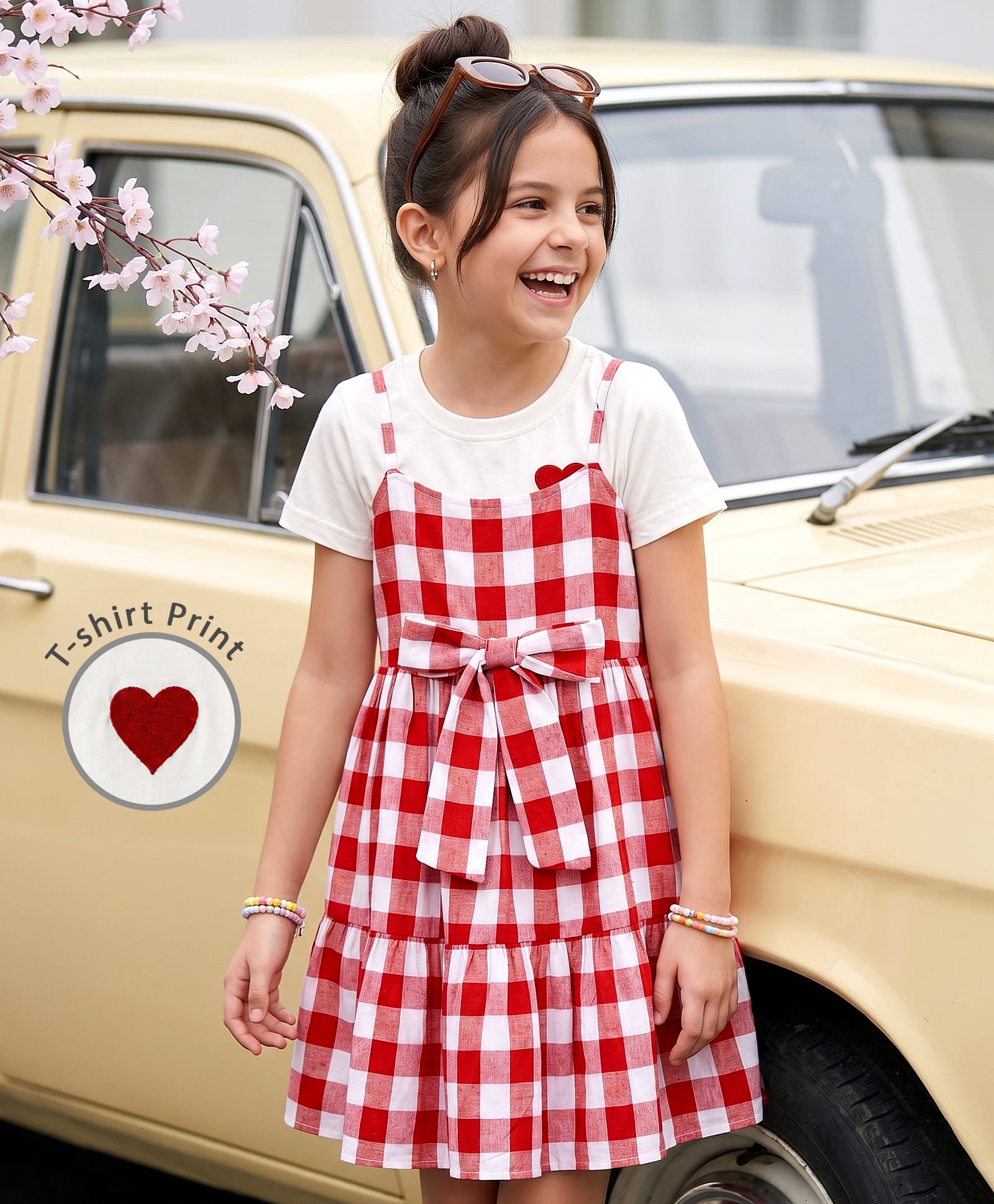 Arias Cotton Woven Checkered Frocks with Half Sleeves Inner Tee with Heart Embroidery- Red-image-23