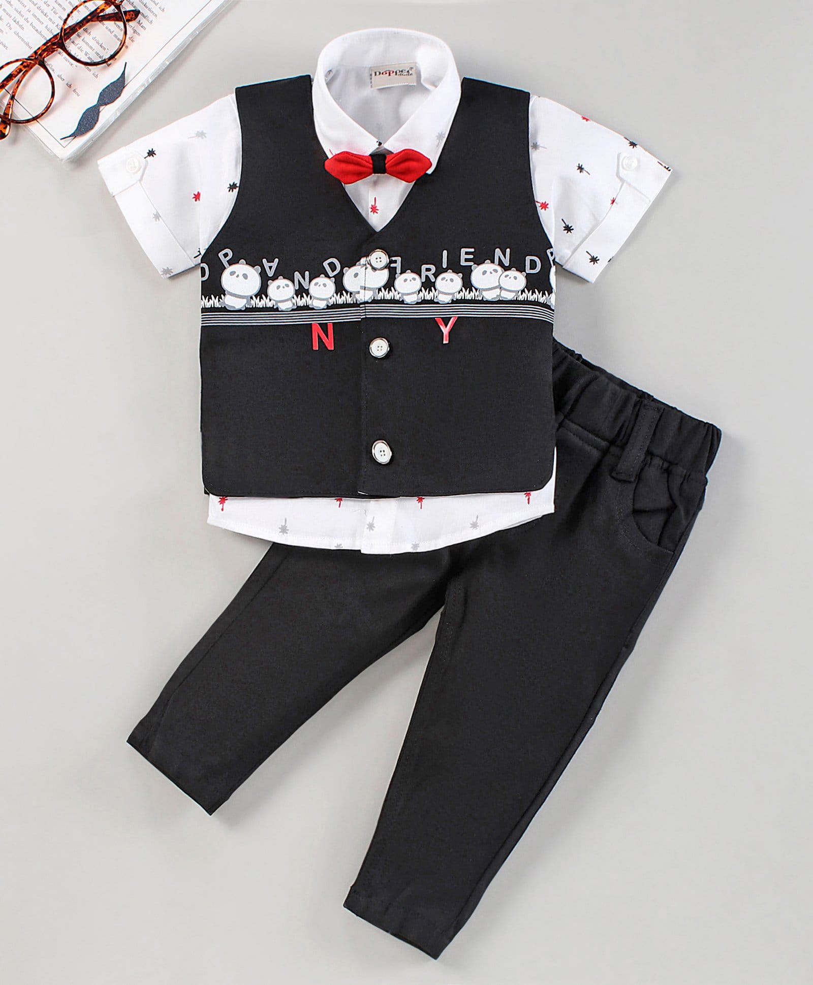 Dapper Dudes Woven Half Sleeves Panda & Palm Tree Printed Three Piece Party Suit With Bow - Black-picture-13
