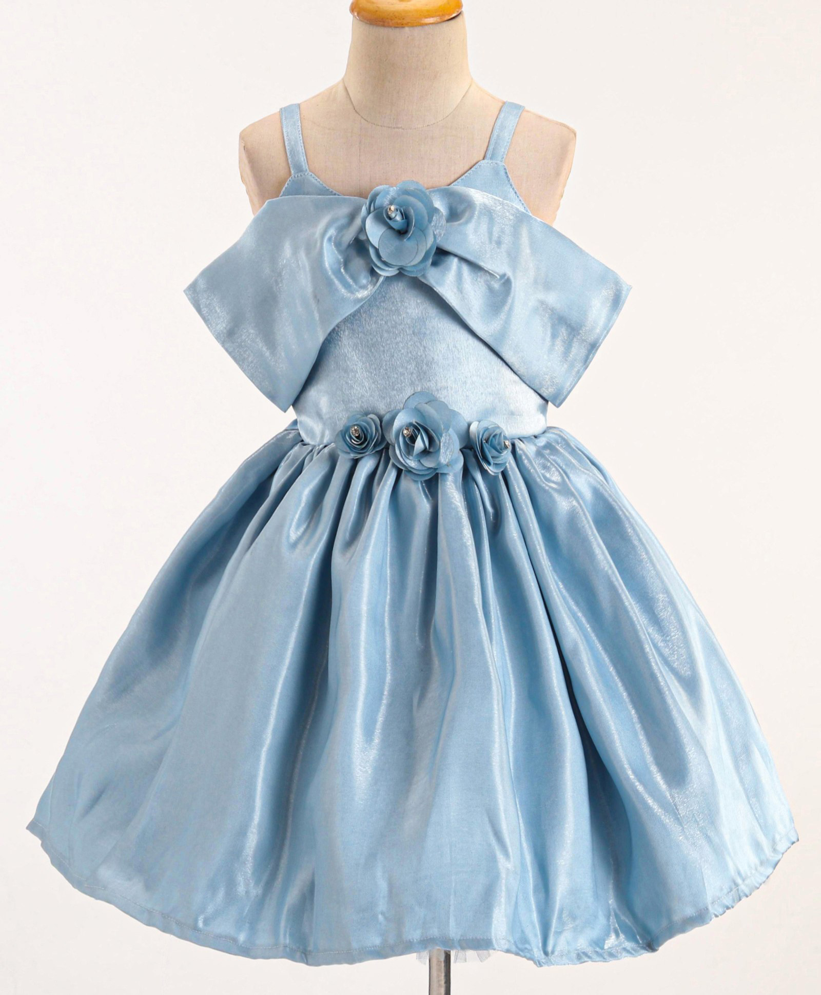 Enfance Net Woven Cold Shoulder Sleeves Flower Applique Solid Party Wear Dress-Light Blue-picture-33