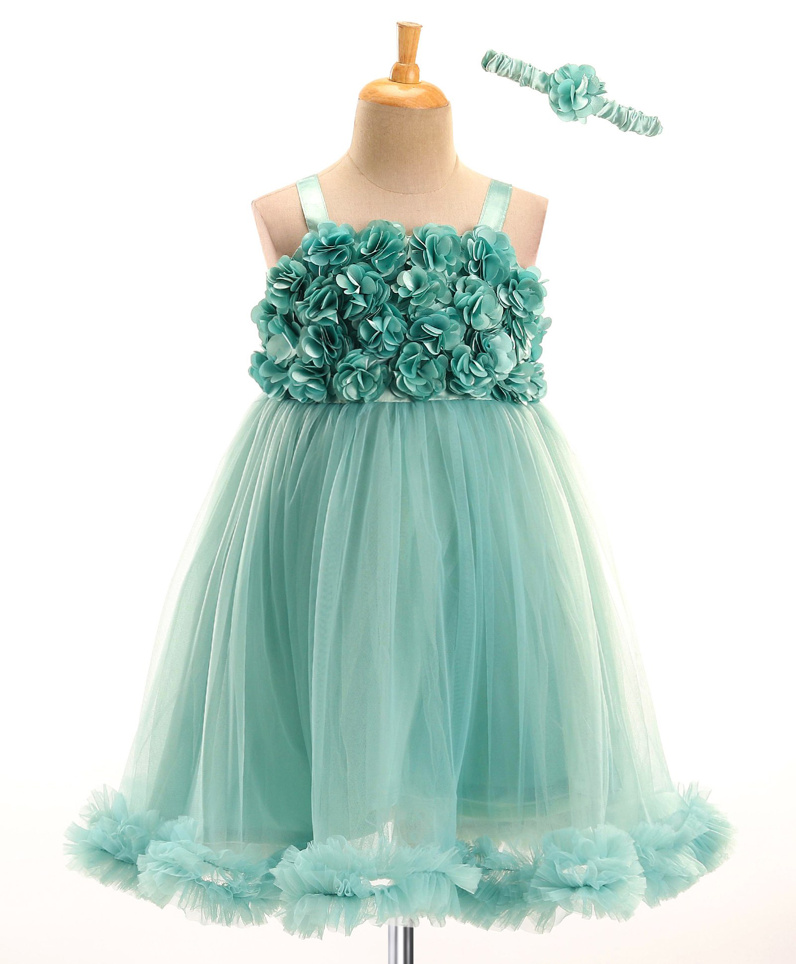 Enfance Net Knit Sleeveless Party Dress With Floral Corsage & Headband - Light Green-picture-12