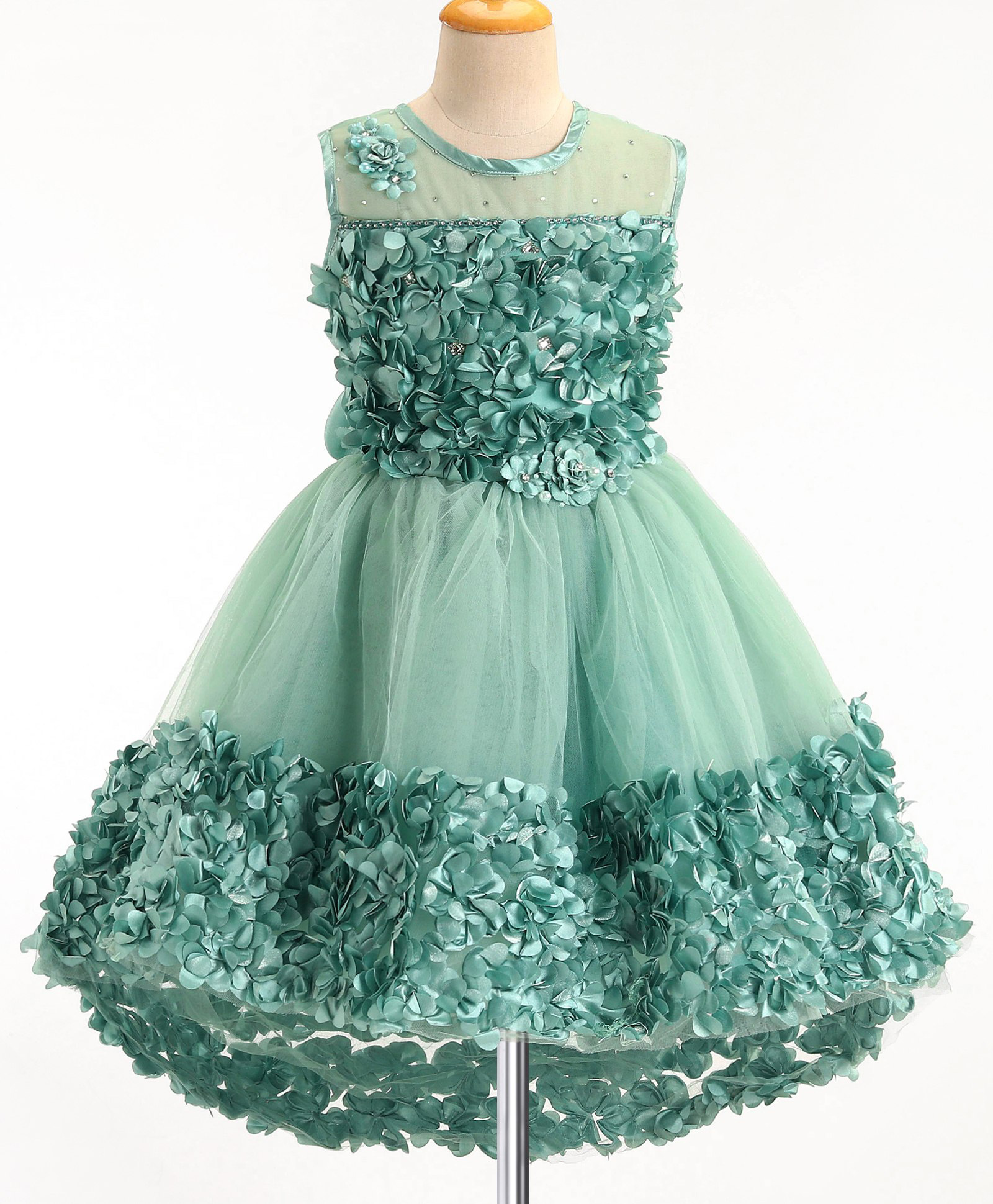 Enfance Net Woven Sleeveless Mesh Yoke Party Dress With Flower Applique - Sea Green-image-42