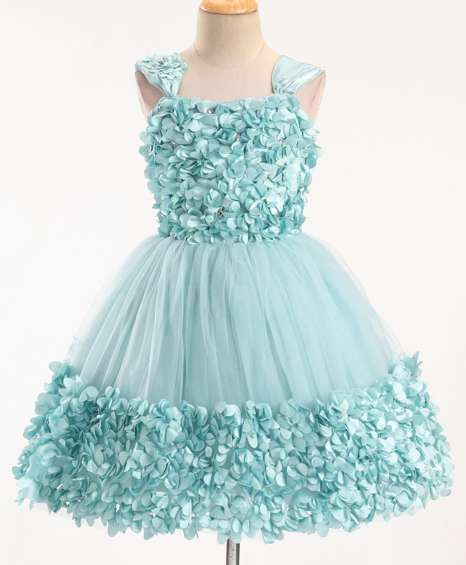 Enfance Net Woven Sleeveless Mesh Yoke Party Dress With Flower Applique - Light Blue-image-25