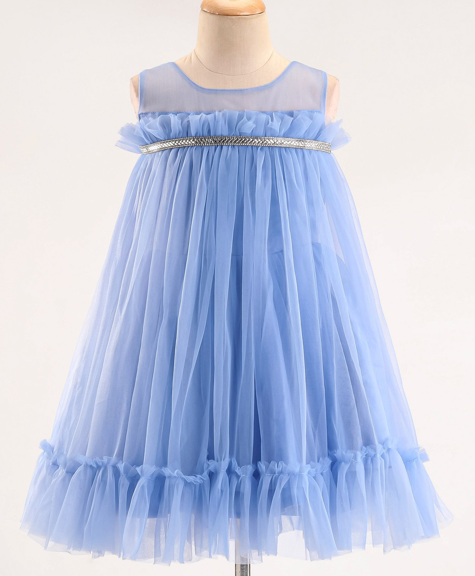 Enfance Net Woven Sleeveless Solid Party Wear Dress - Blue-picture-13