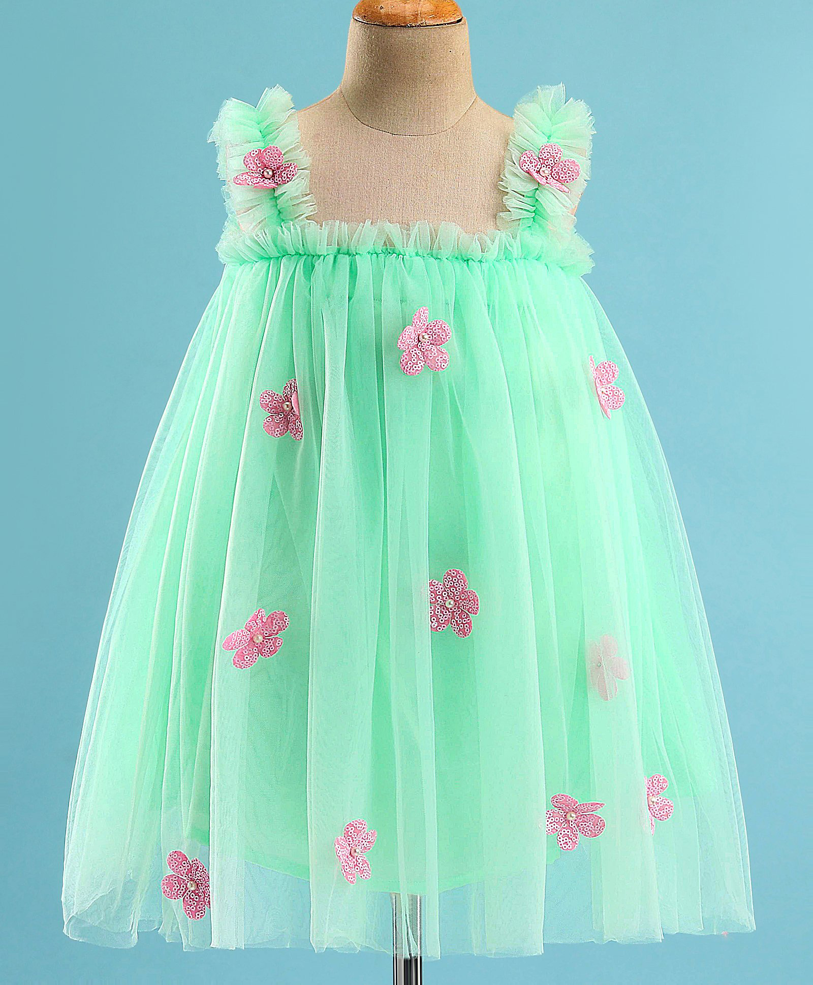 Enfance Net Woven Sleeveless Floral Applique Party Dress - Sea Green-picture-37
