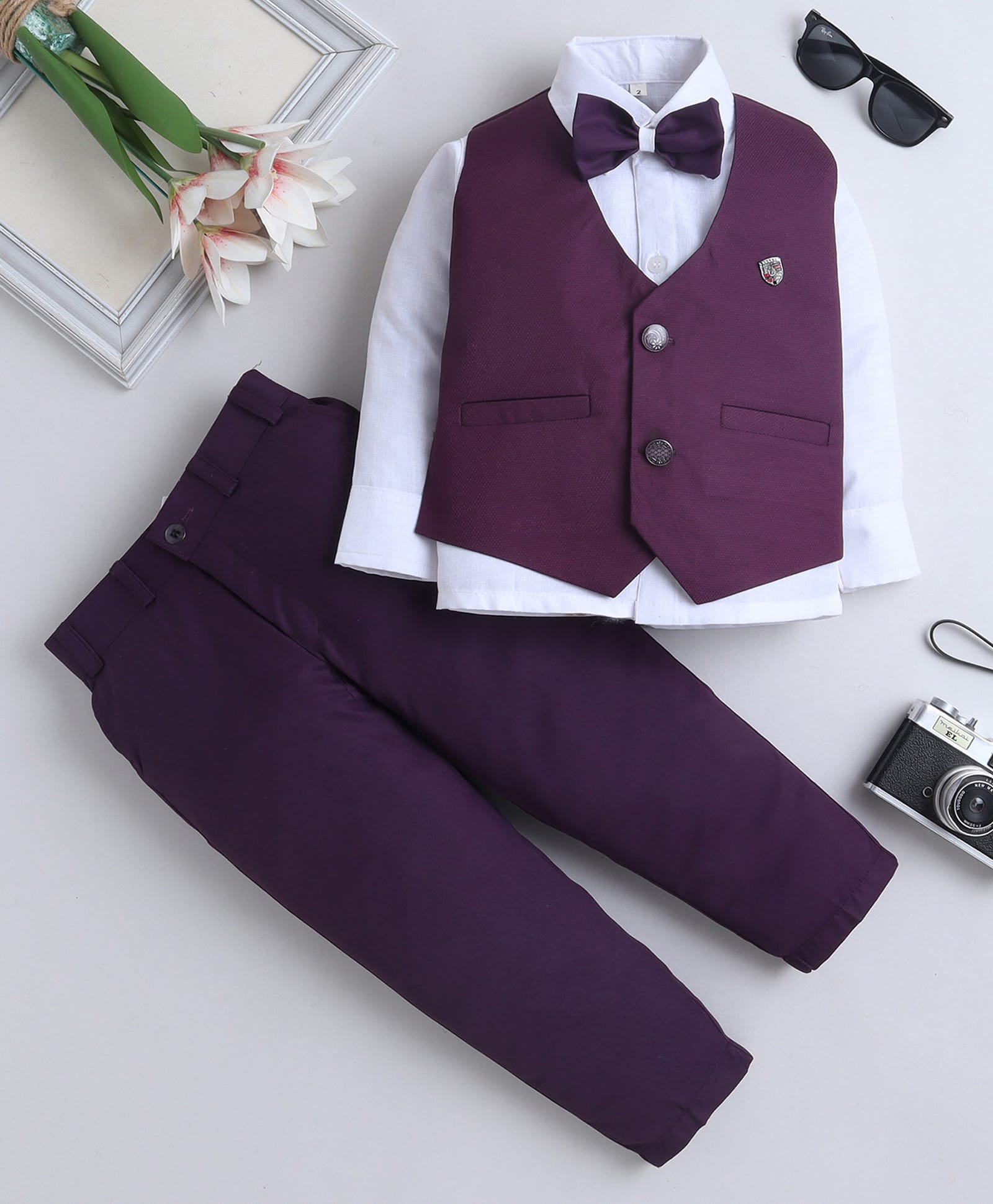 Fourfolds Cotton Blend Woven Full Sleeves Solid 3 Piece Party Suit With Bow - Wine-image-48