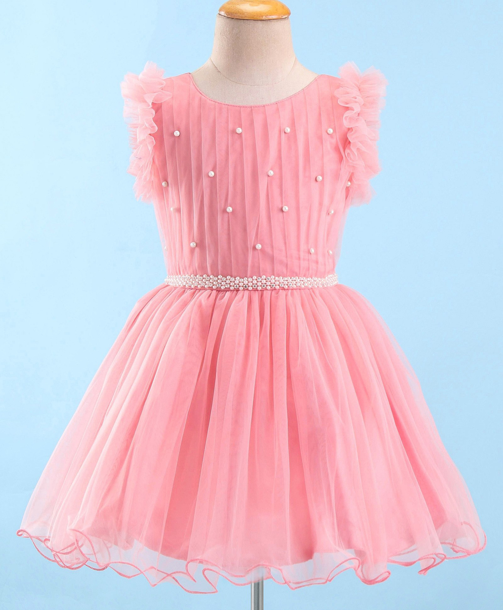 Enfance Net Woven Sleeveless Pearl Embellished Solid Party Dress - Peach-image-18