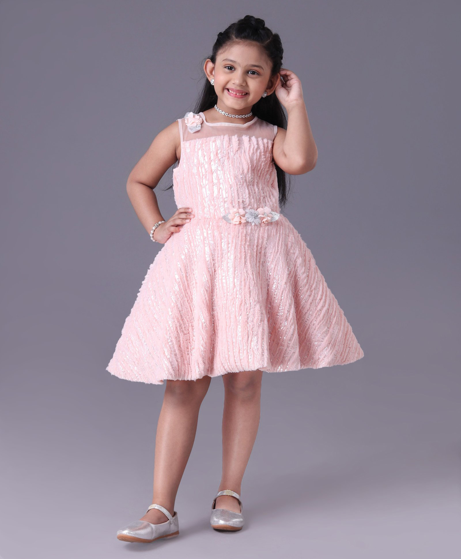 Enfance Fur Woven Sleeveless Party Dress With Corsage - Peach-picture-43