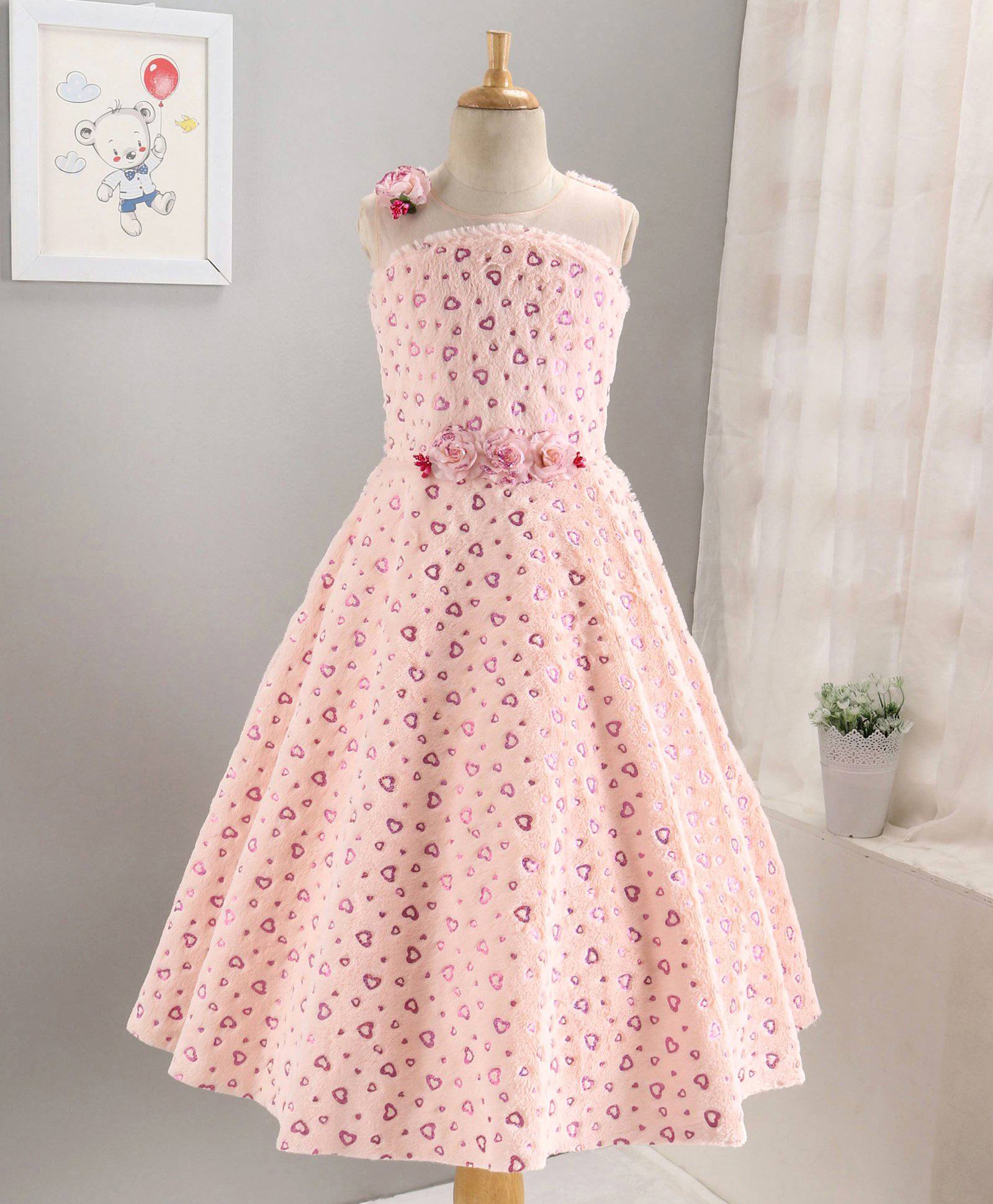 Enfance Fur Knit Sleeveless Heart Print Mesh Yoke Dress -Peach-image-37