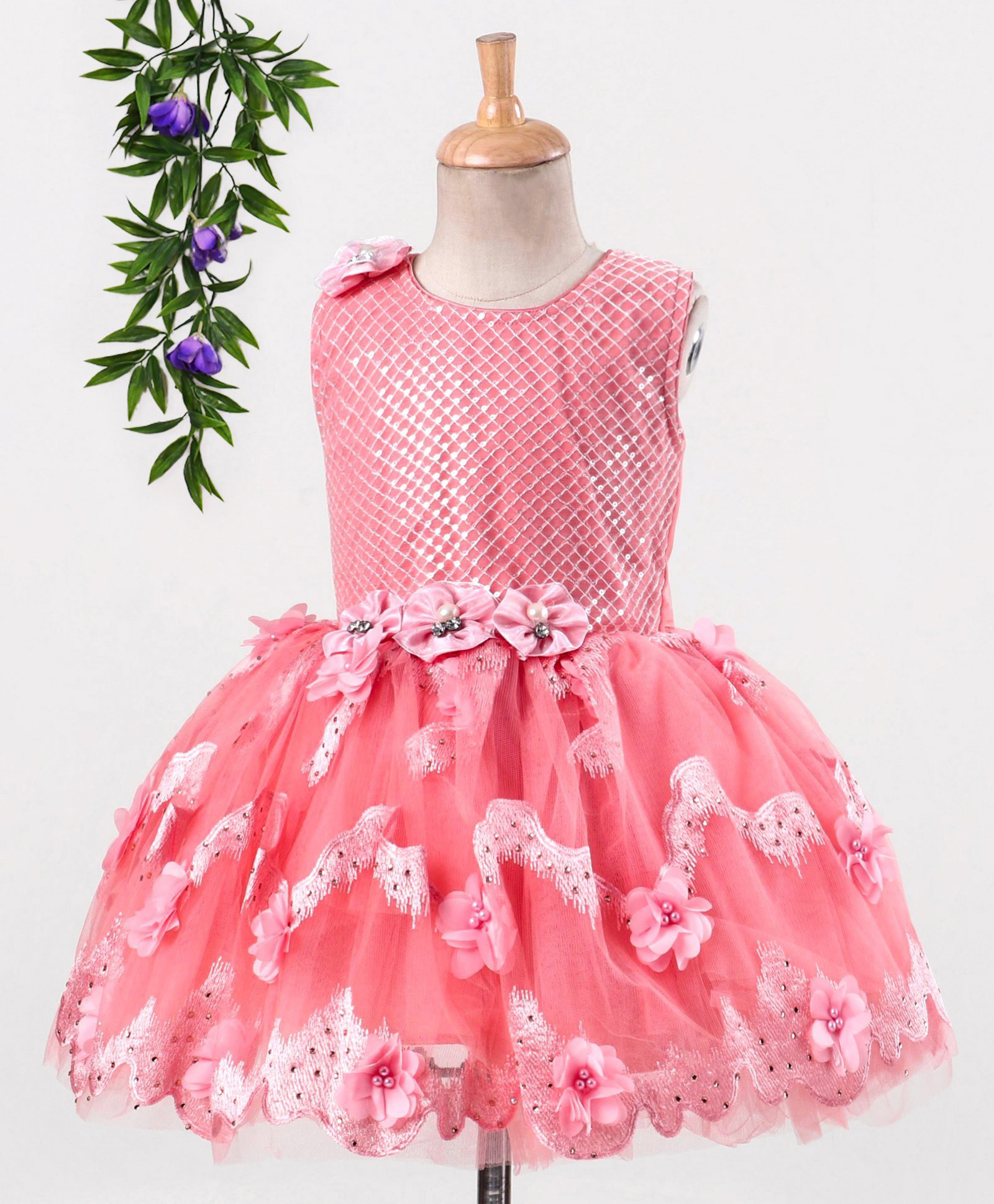 Enfance Net Knit Sleeveless Solid Sequinned Party Dress With Floral Applique - Peach-picture-11