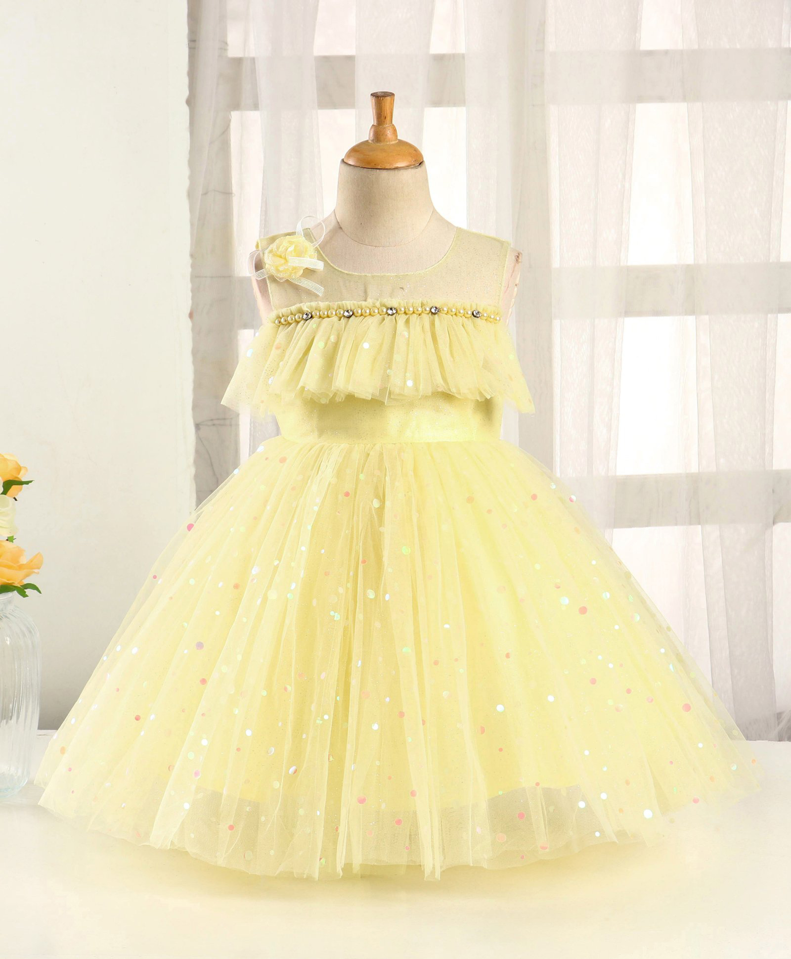 Enfance Net Woven Sleeveless Floral Applique Party Dress With Pearl Embellishment & Foil Polka Dots Print - Yellow-image-22