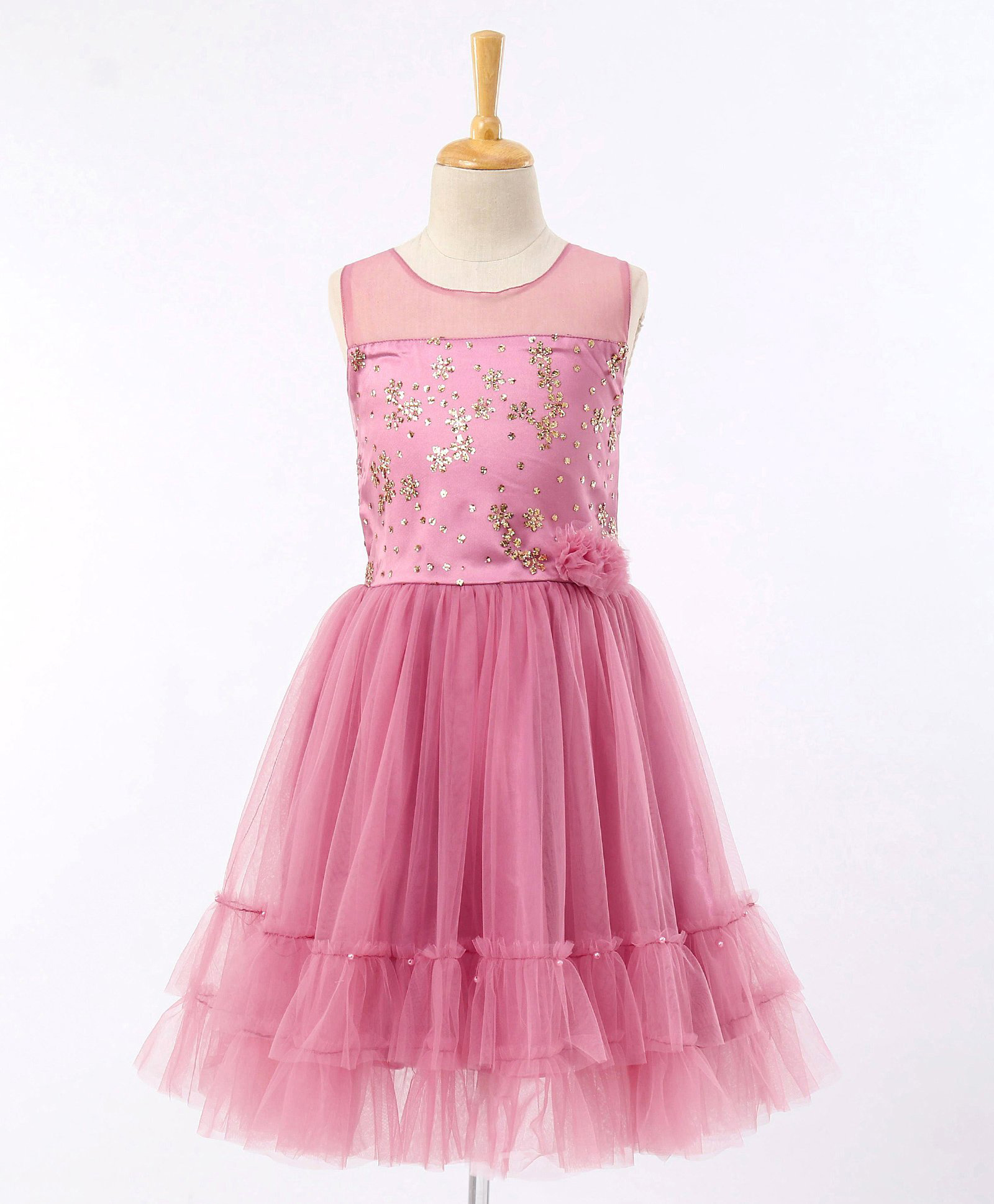Enfance Net Knit Sleeveless Party Frock With Sequinned & Floral Applique -Pink-picture-3