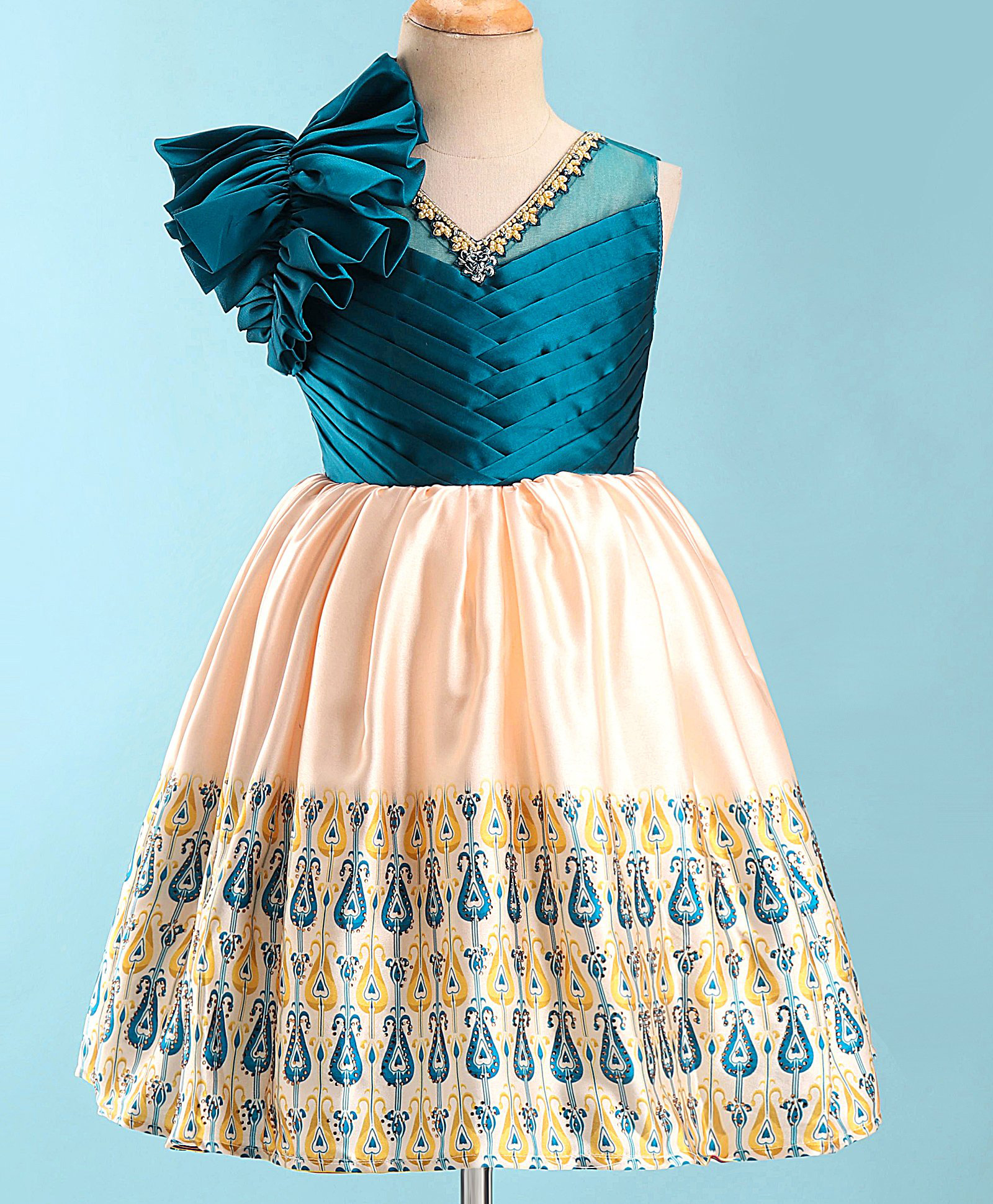 Enfance Silk Woven Sleeveless Paisley Printed Party Dress With Pleated & Ruffled Detailing - Teal Blue-image-24
