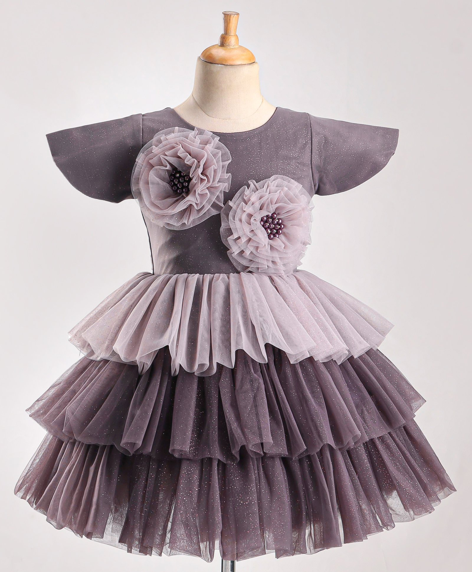 Enfance Net Knit Sleeveless Fit & Flare Dress with Floral Applique Embellishment & Shimmer -Grey-image-3