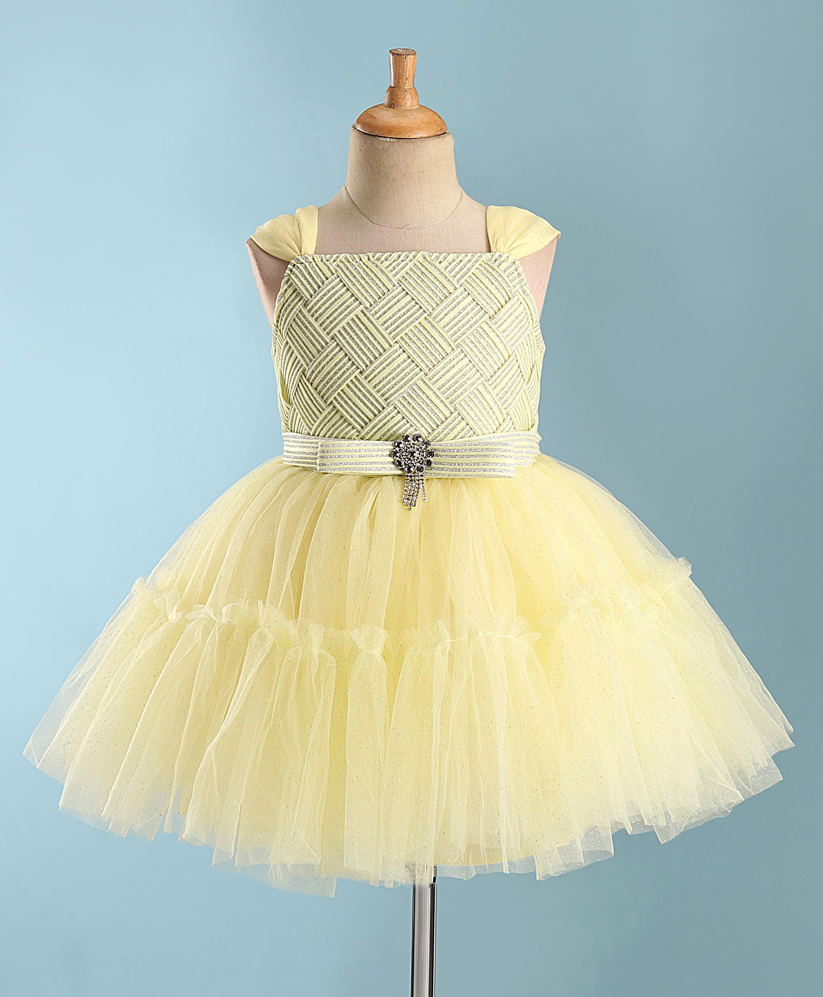 Enfance Net Knit Sleeveless Flare Party Dress With Applique & Shimmer Effect - Lemon-picture-28