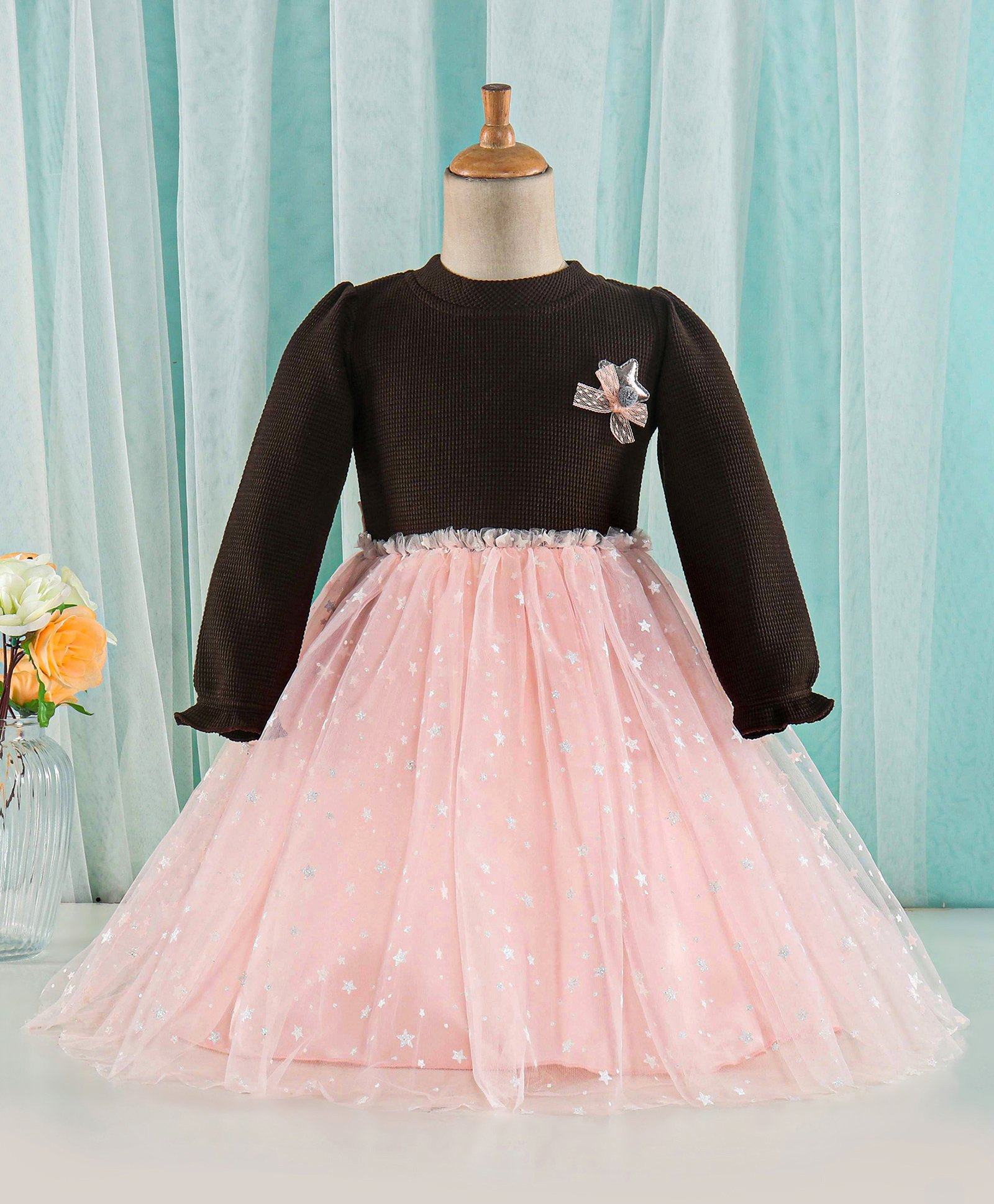 Enfance Net Knit Full Sleeves Party Dress With Shimmer Stars & Bow Applique - Pink & Brown-picture-0