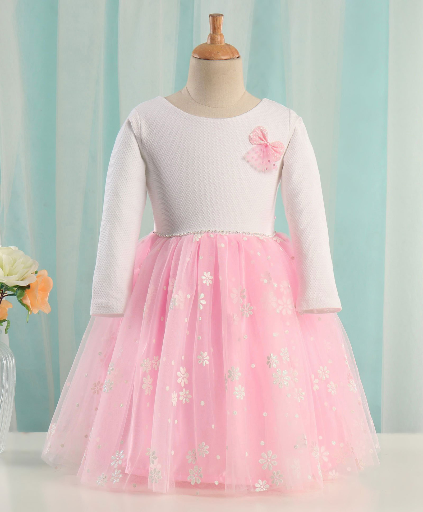 Enfance Net Woven Full Sleeves Floral Printed & Applique Flared Party Dress -White & Pink-image-6