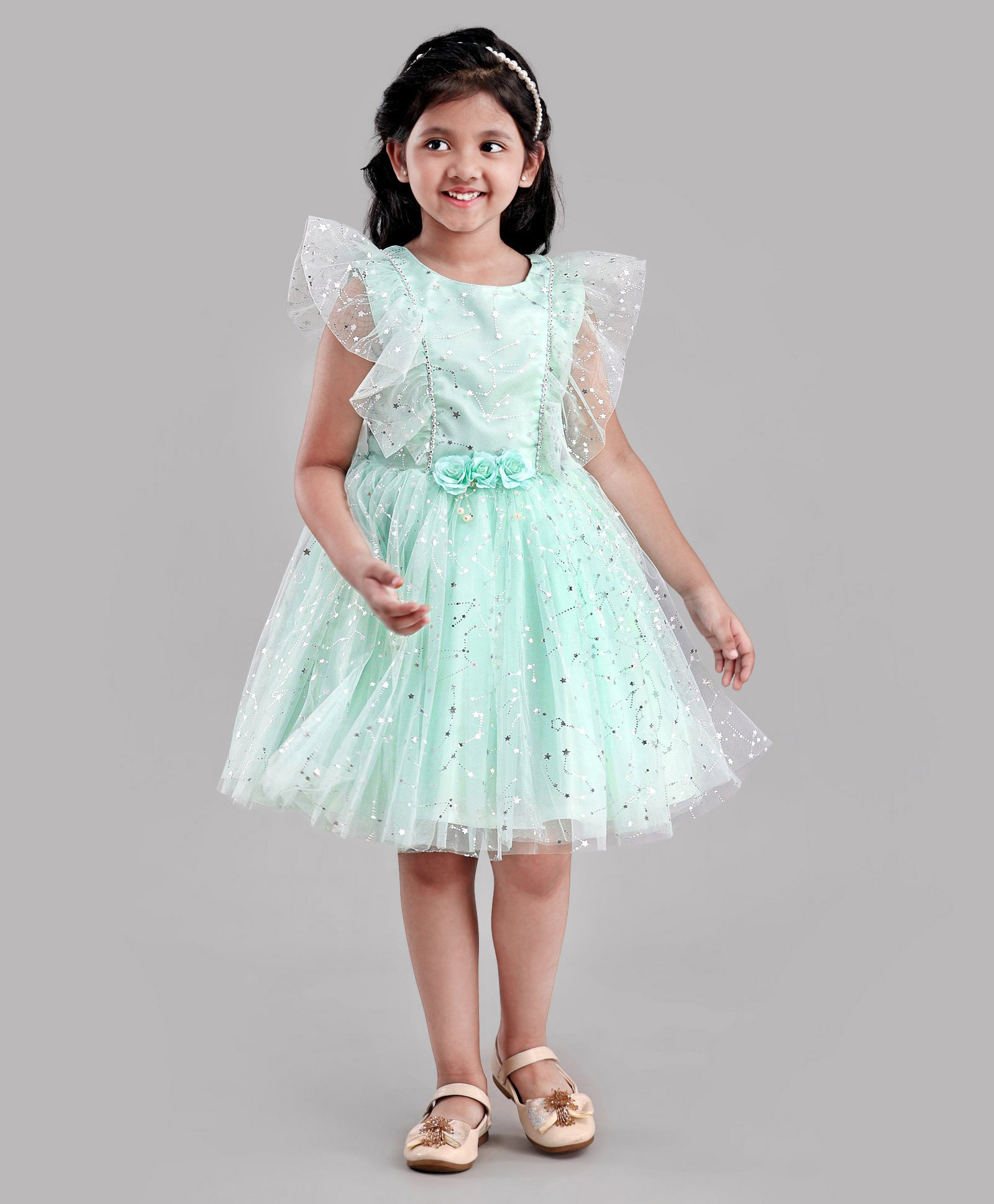 Enfance Net Knit Frill Sleeves Glittery Star & Stone Embellished Party Dress with Floral Corsage - Light Green-picture-37