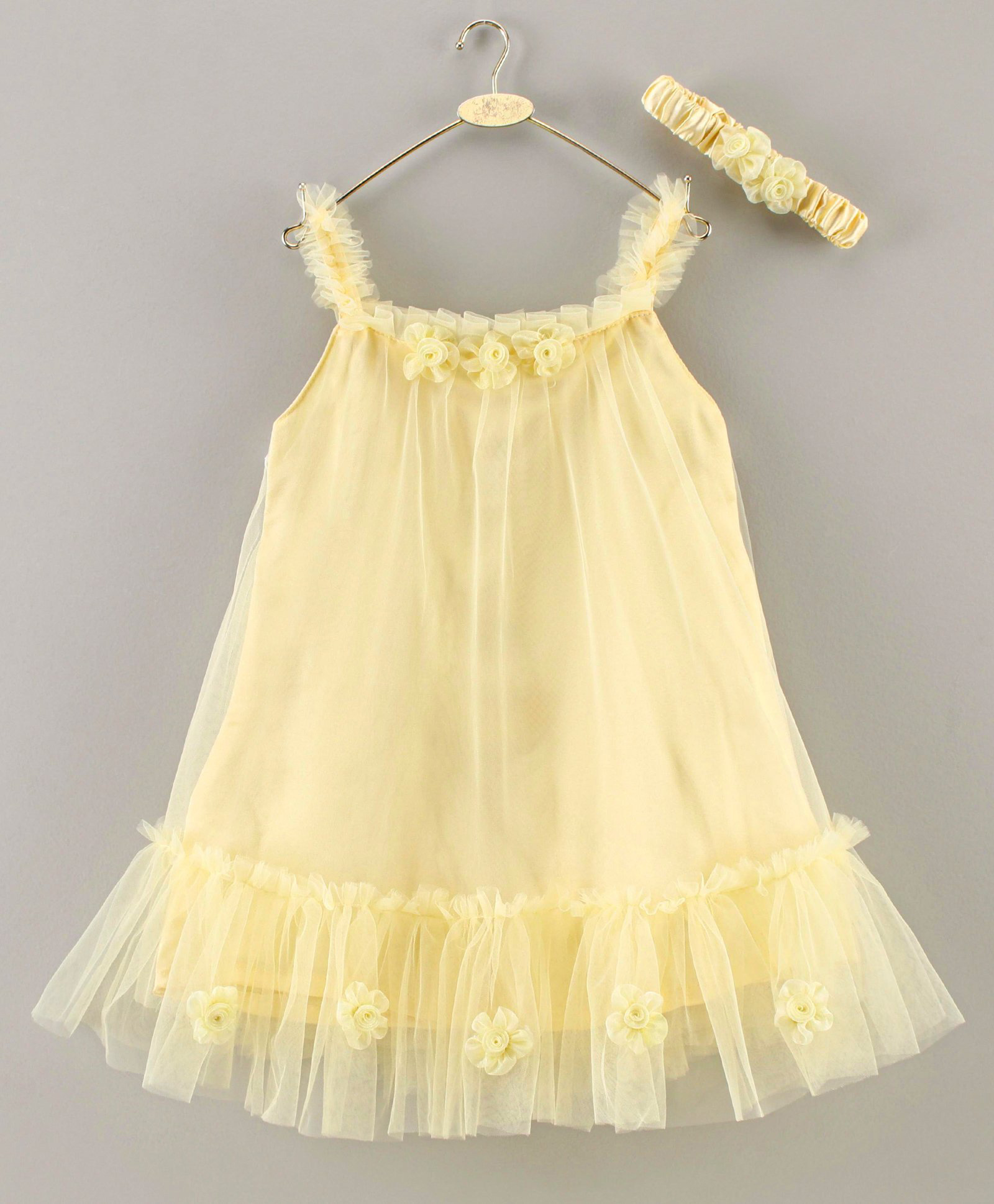 Enfance Net Woven Sleeveless A Line Corsage Applique Party Dress With Headband - Yellow-picture-7