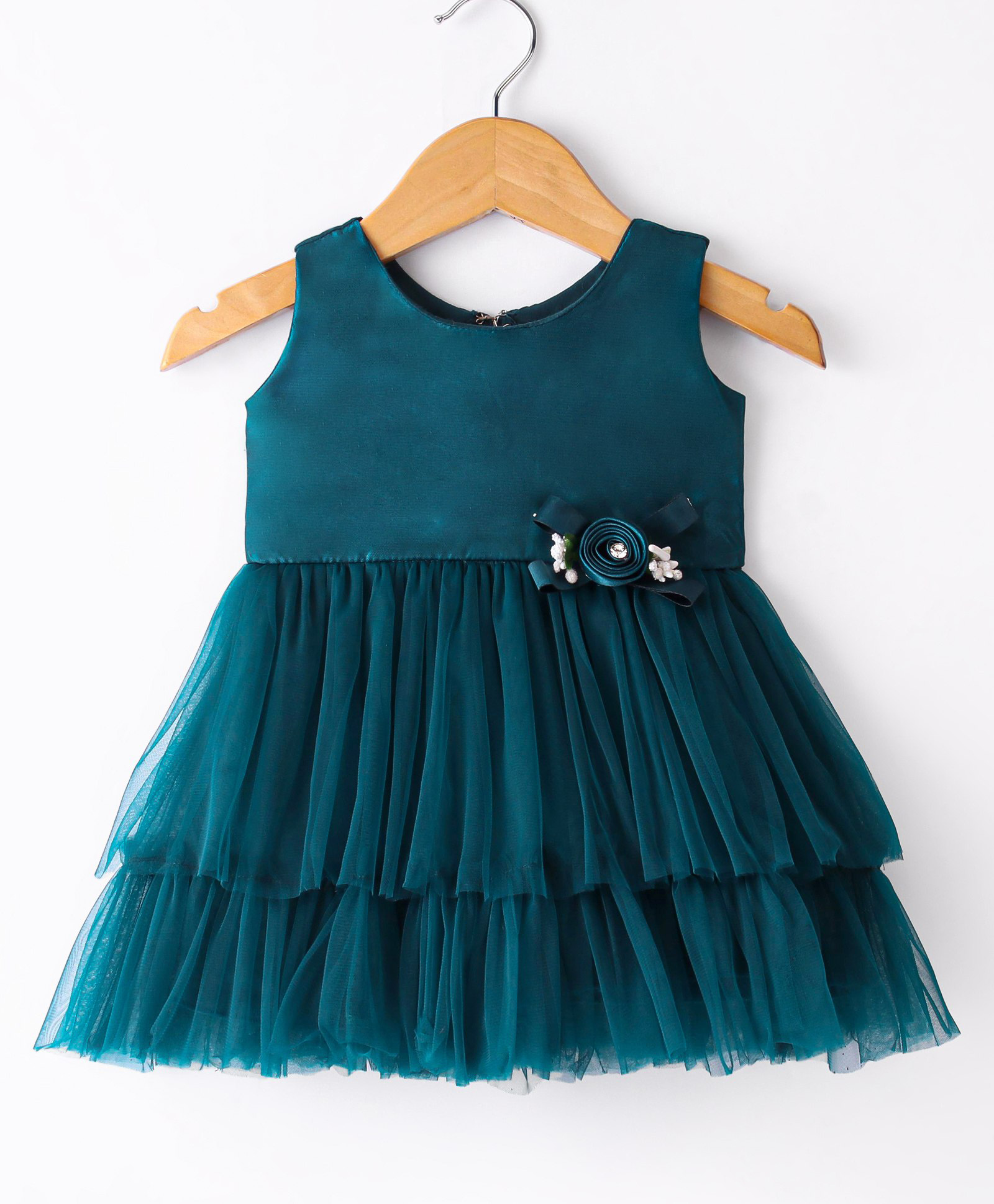 Enfance Net Woven Sleeveless Flower Applique Solid Layered Party Dress -Teal Blue-image-23