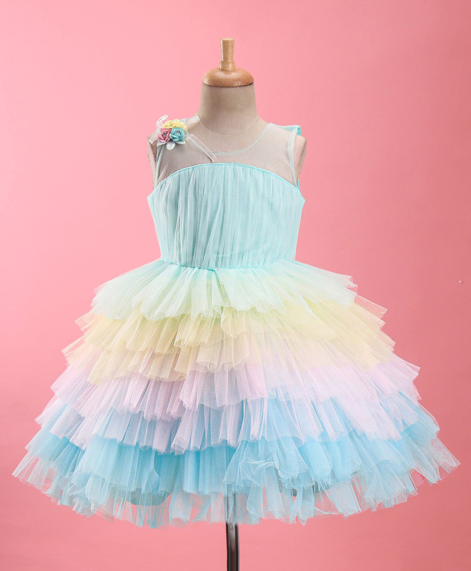 Enfance Net Knit Sleeveless Party Dress with Floral Applique & Frills - Sea Green-picture-10