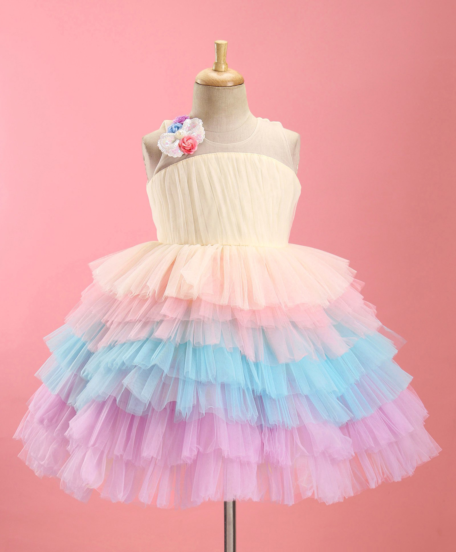 Enfance Net Woven Sleeveless Layered Party Dress With Bow & Corsage Applique - Cream-picture-35