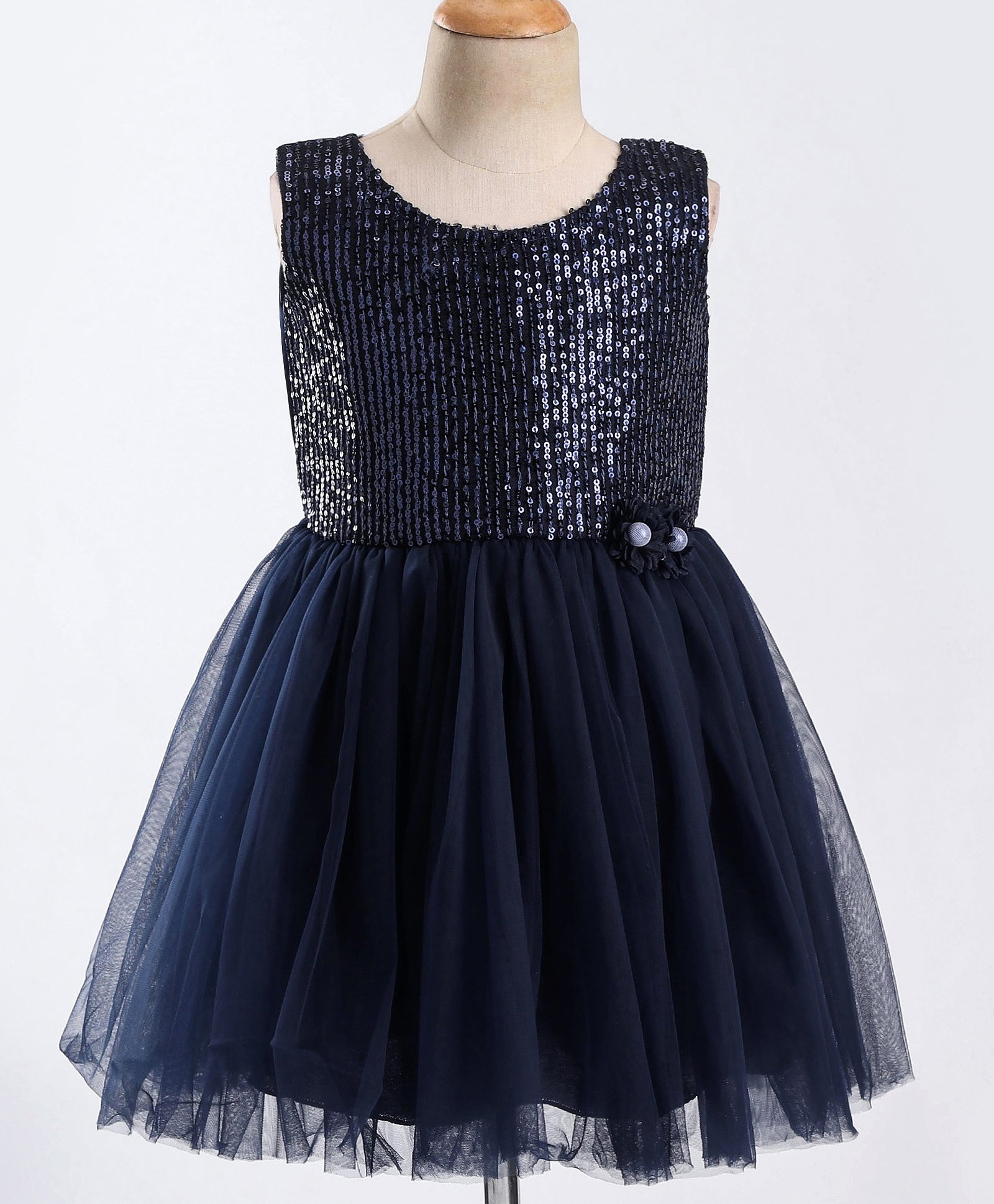 Enfance Net Woven Sleeveless Sequinned Party Dress With Floral Applique - Navy Blue-picture-34