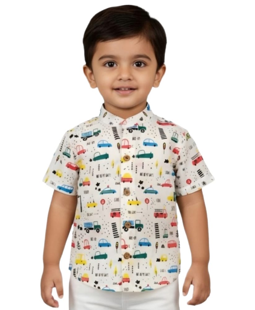 Snowflakes Cotton Woven Half Sleeves Vehicles Printed Shirt - White-picture-18